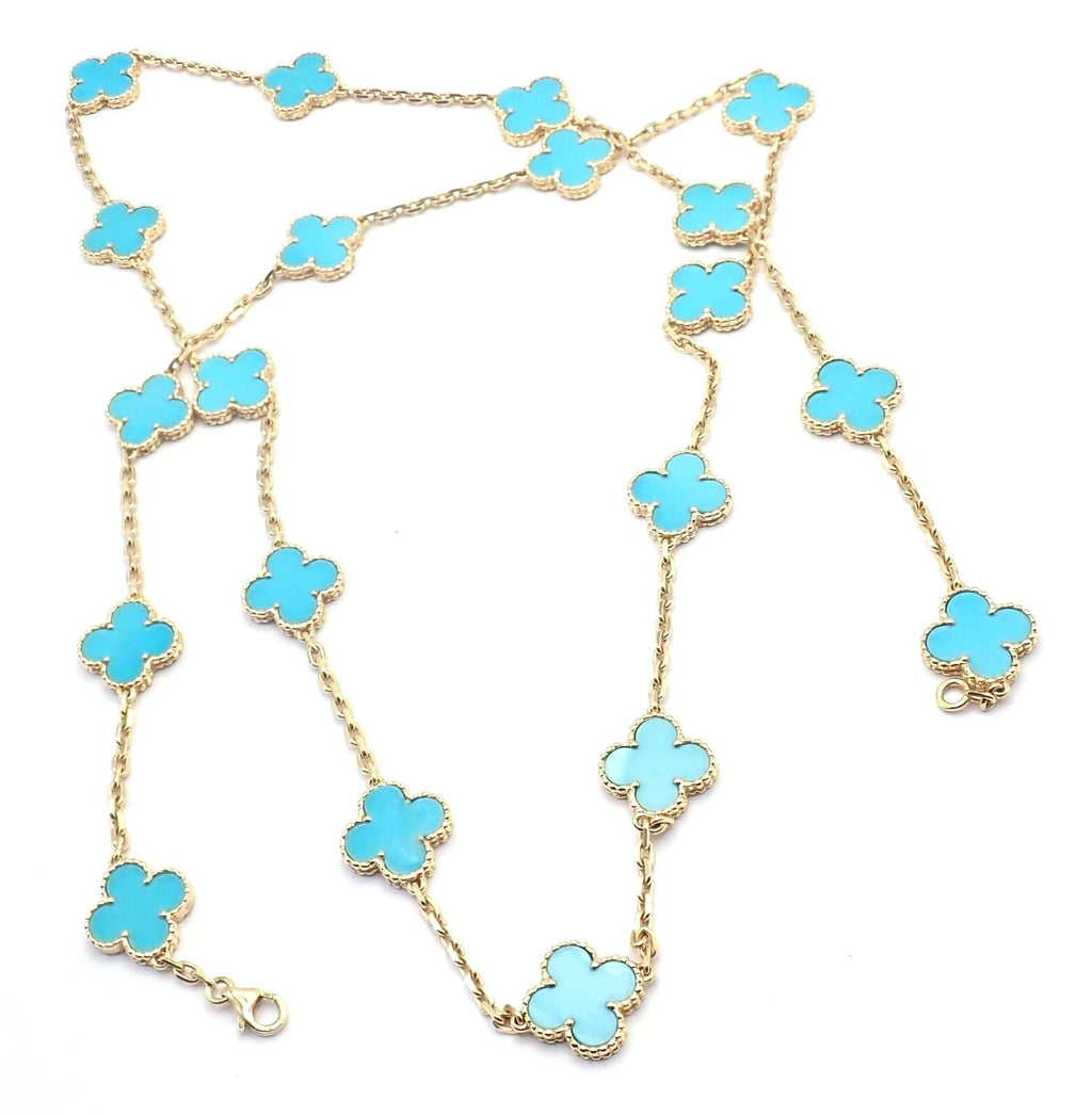 Van Cleef & Arpels 18k Yellow Gold 20 Motif Alhambra Turquoise Necklac