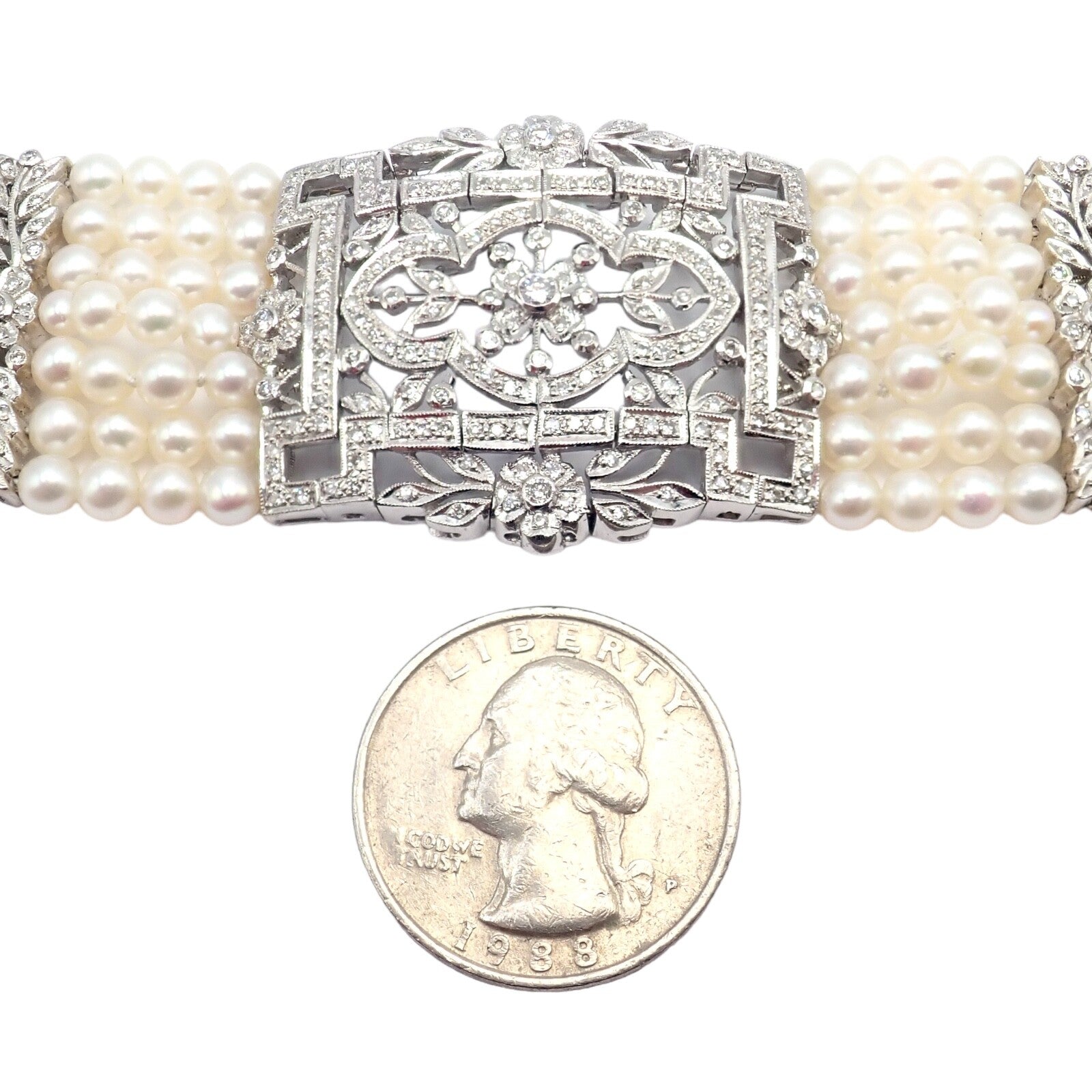 Estate Jewelry & Watches:Vintage & Antique Jewelry:Bracelets & Charms Vintage Estate 18k White Gold Diamond 7 Row 4.5mm Pearl Bracelet