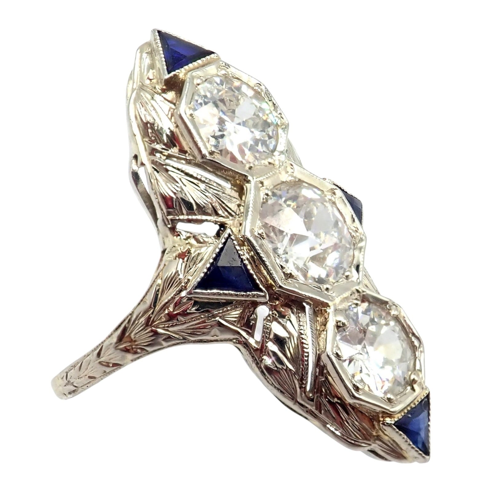 Estate Jewelry & Watches:Vintage & Antique Jewelry:Rings Vintage Estate 20k White Gold Diamond 2ctw Sapphire Art Deco Ring sz 7