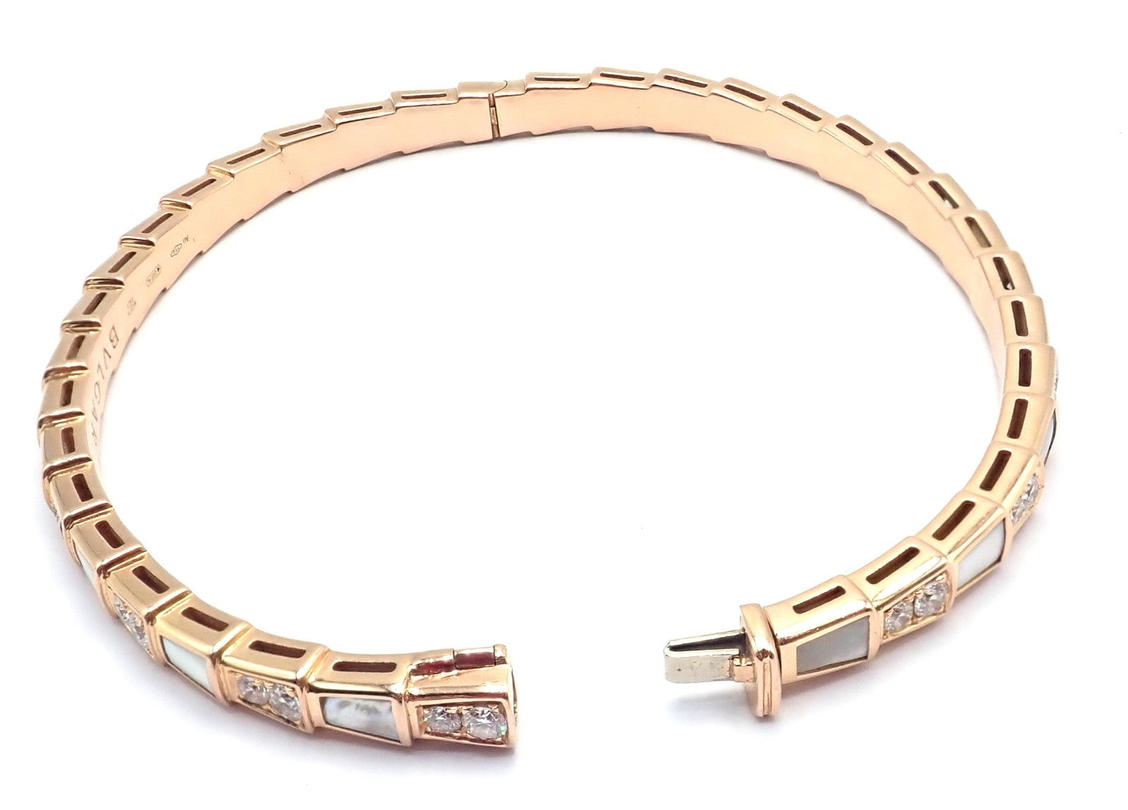 Authentic! Bulgari Bvlgari Serpenti Viper 18k Gold Diamond MOP Bangle Bracelet | Fortrove