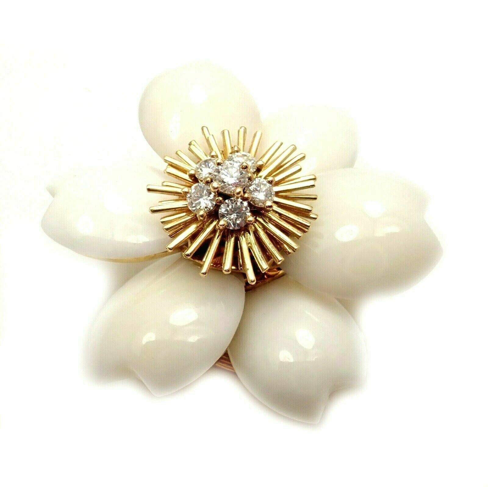 Van Cleef & Arpels Rose de Noel Diamond White Coral Flower Yellow Gold Brooch | Fortrove