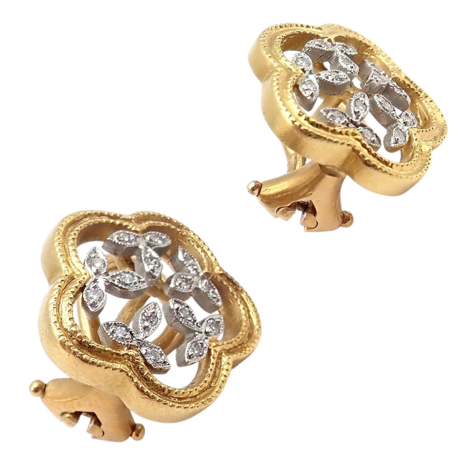 Authentic! Cathy Waterman 22k Yellow Gold Platinum Diamond Vine Flower Earrings | Fortrove
