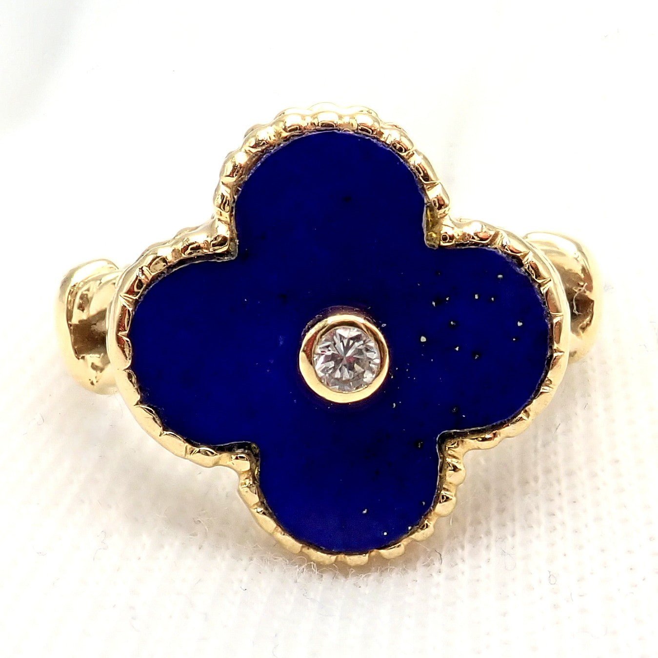 Van Cleef & Arpels Alhambra 18k Yellow Gold Lapis Lazuli Diamond Ring Sz 4 | Fortrove