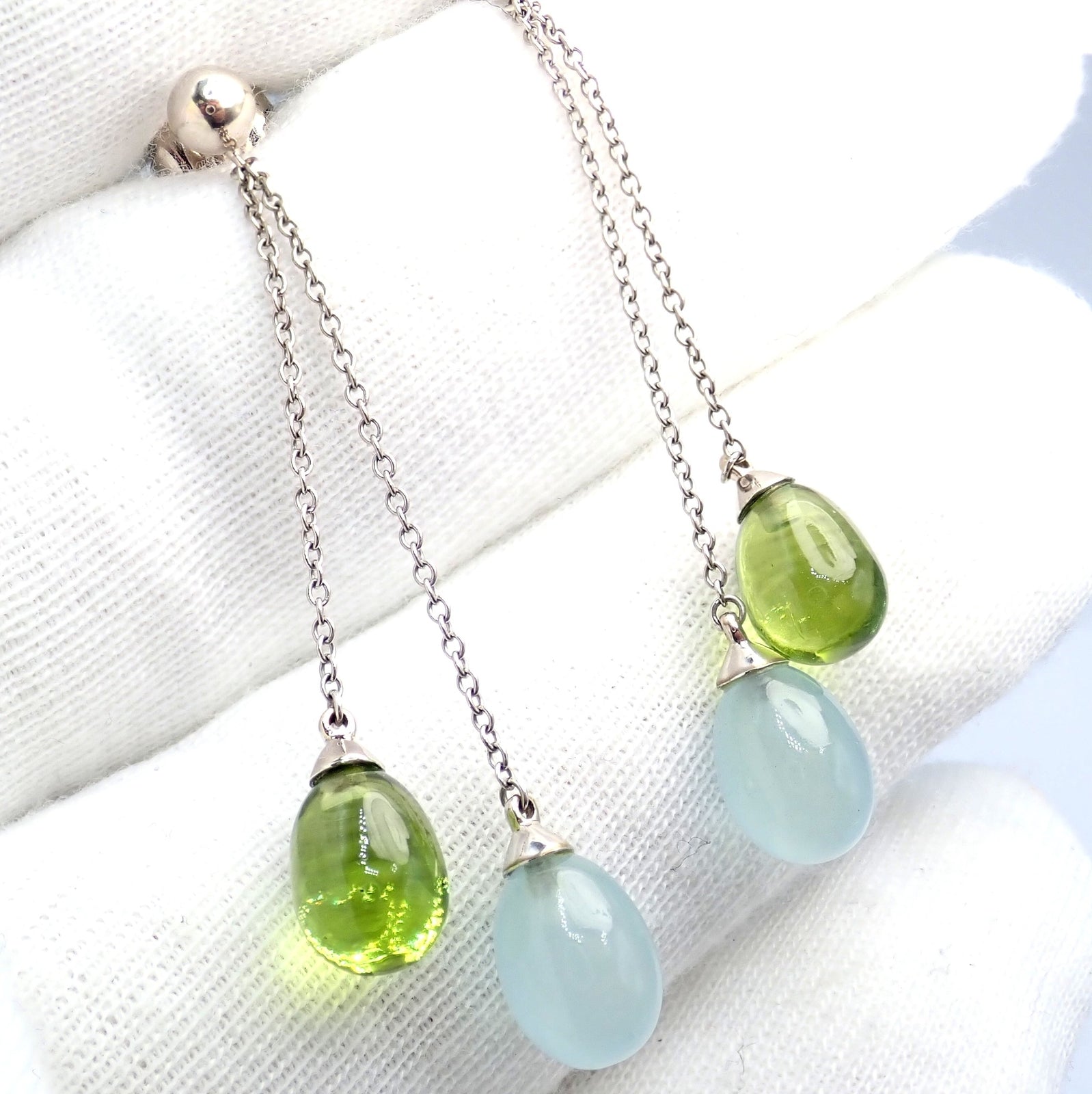 Authentic! Tiffany & Co 18k White Gold Rainbow Drop Peridot Chalcedony Earrings | Fortrove