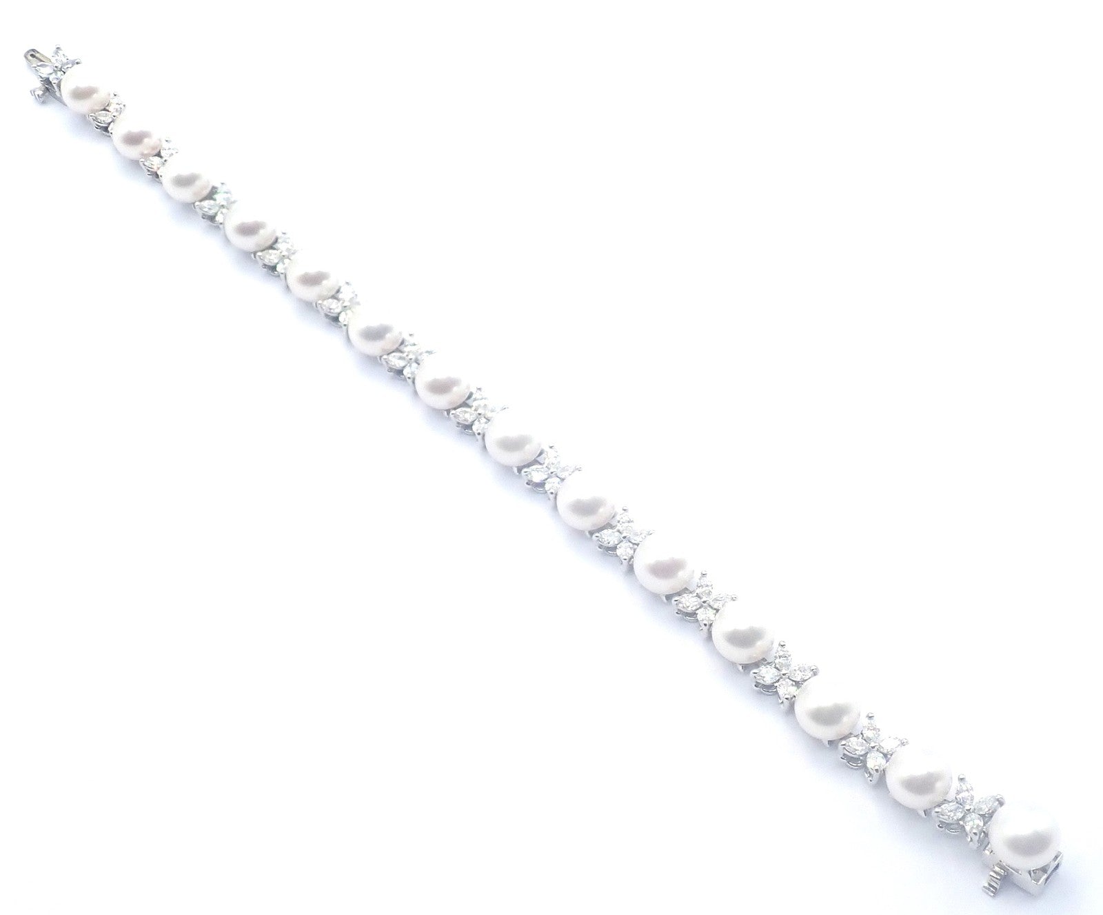 Tiffany & Co Victoria Platinum Diamond Akoya Cultured Pearl Line Tennis Bracelet | Fortrove