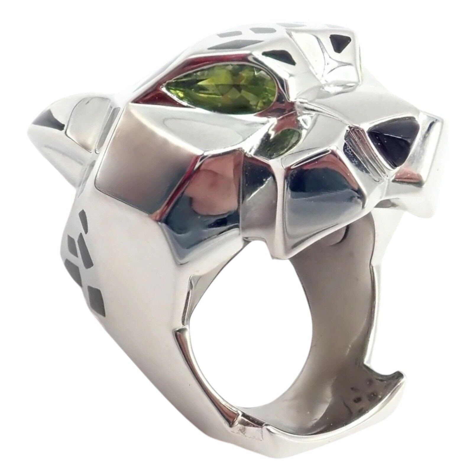 Cartier Panther Panthere 18k White Gold Peridot Onyx Lacquer Large Ring Cert | Fortrove