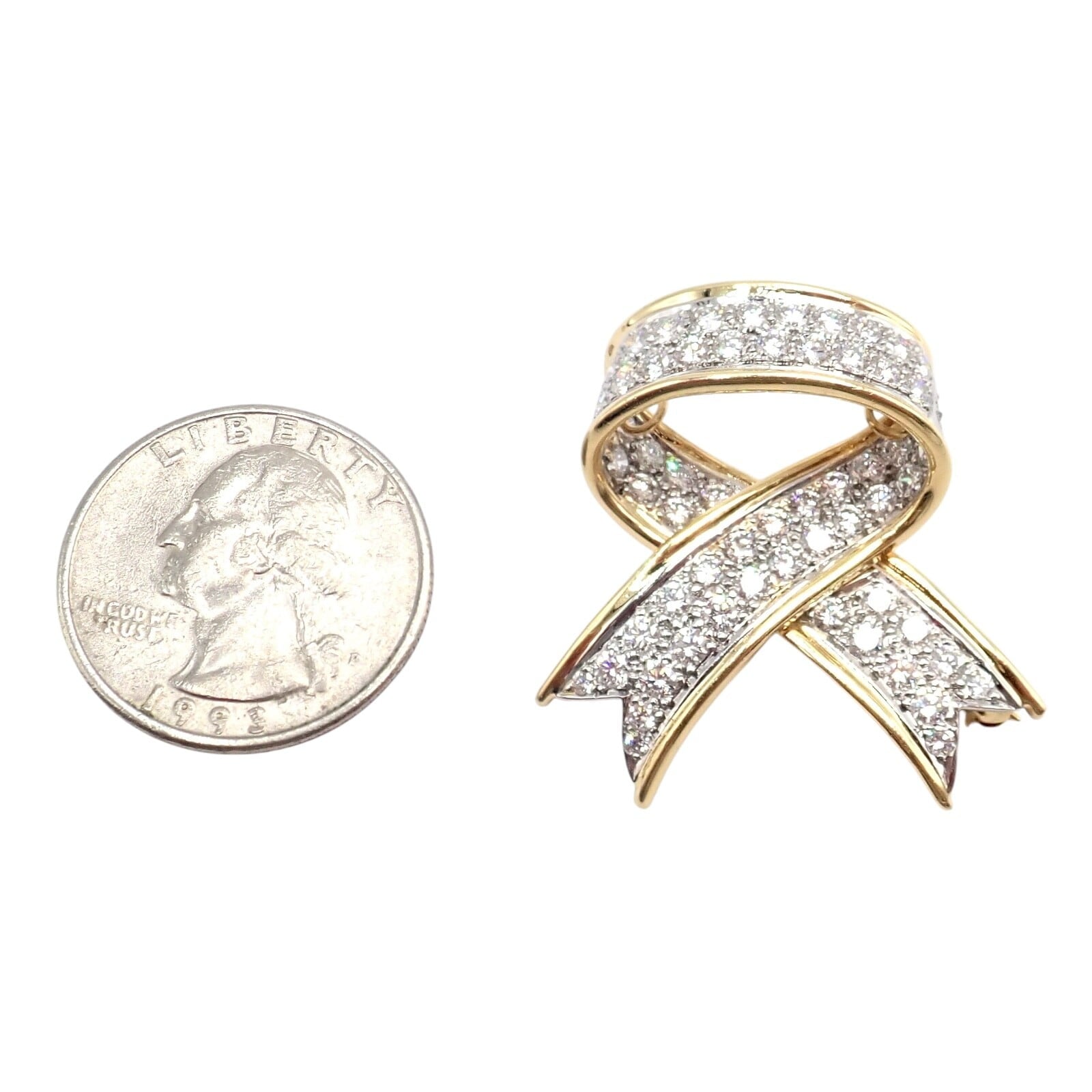 Vintage! Tiffany & Co 18k Yellow Gold Platinum Diamond Ribbon Bow Pin Brooch | Fortrove