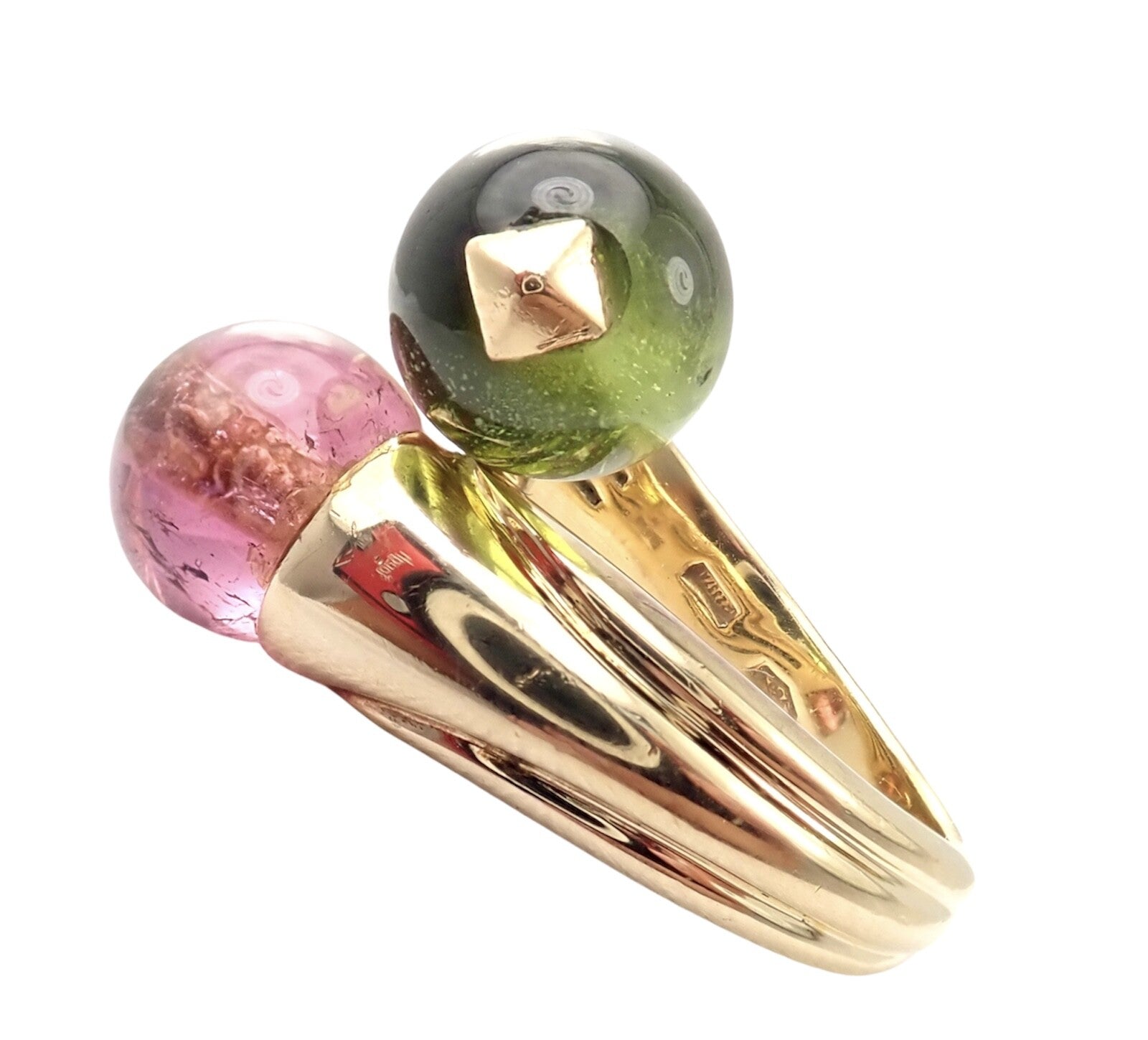 Vintage Bulgari Bvlgari 18k Yellow Gold Pink + Green Tourmaline Bypass Ring | Fortrove