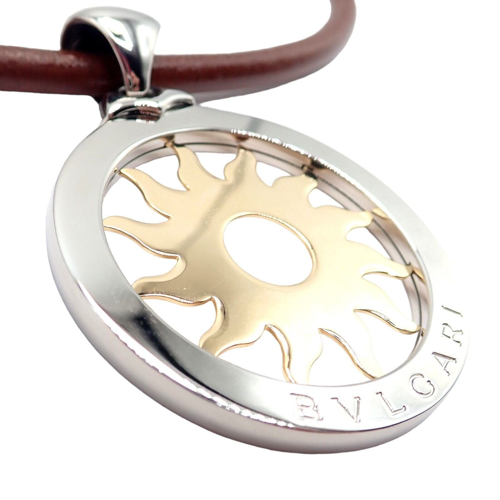 Bulgari Jewelry & Watches:Fine Jewelry:Necklaces & Pendants Bulgari Tondo Sun 18k Gold Steel Extra Large Pendant Brown Leather Necklace