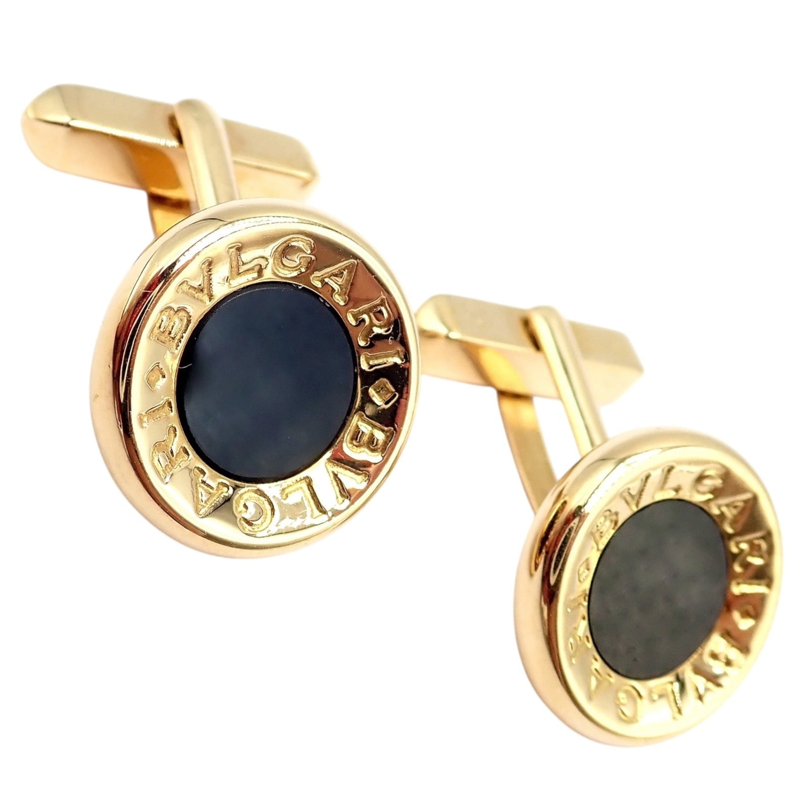 Authentic! Bulgari Bvlgari 18k Yellow Gold Black Onyx Large Cufflinks | Fortrove