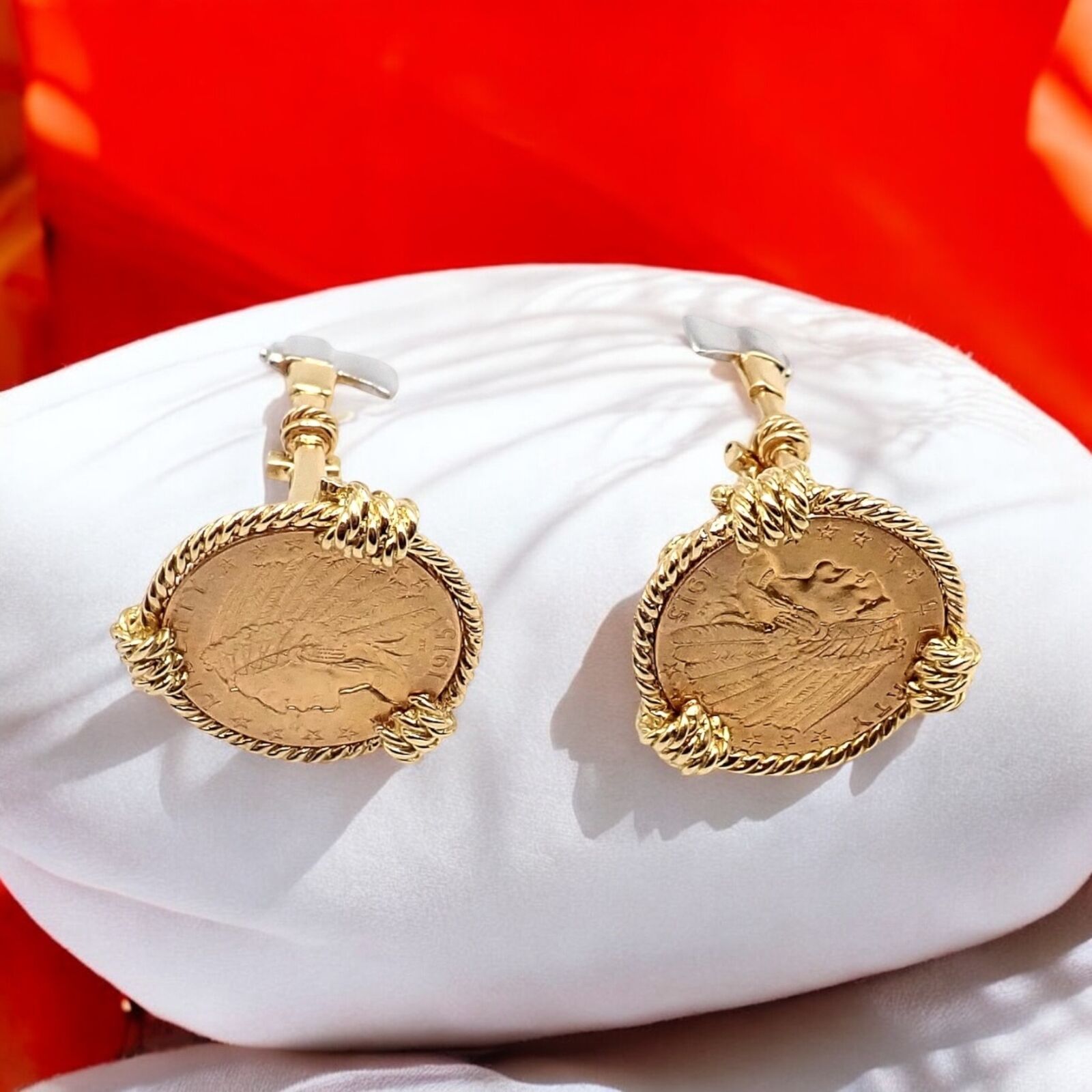 Verdura Five Buck 18k & 22k Yellow + White Gold Indian Head Coin Cufflinks | Fortrove