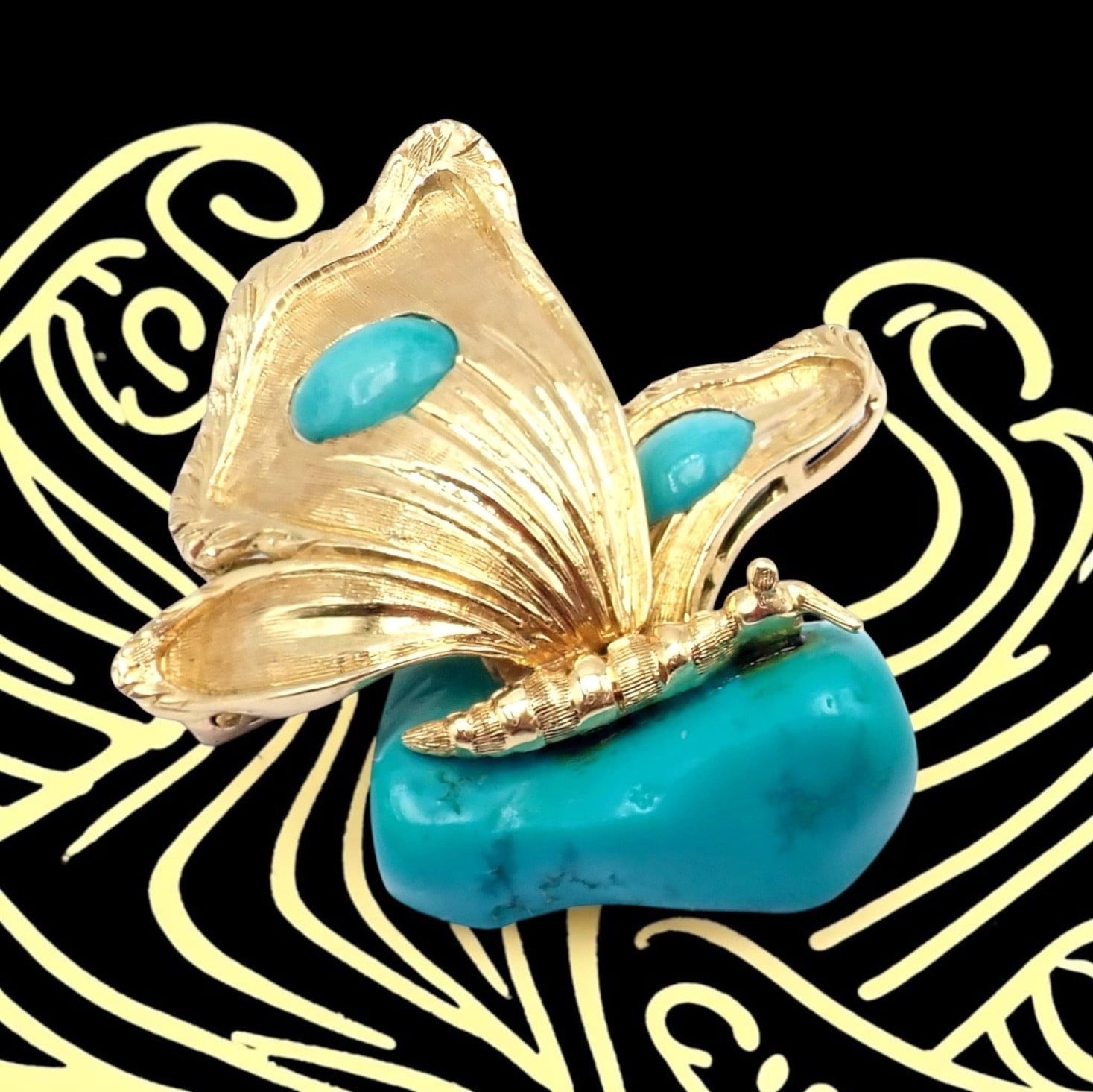 Vintage Tiffany & Co. 18k Yellow Gold Turquoise Butterfly On A Rock Pin Brooch | Fortrove