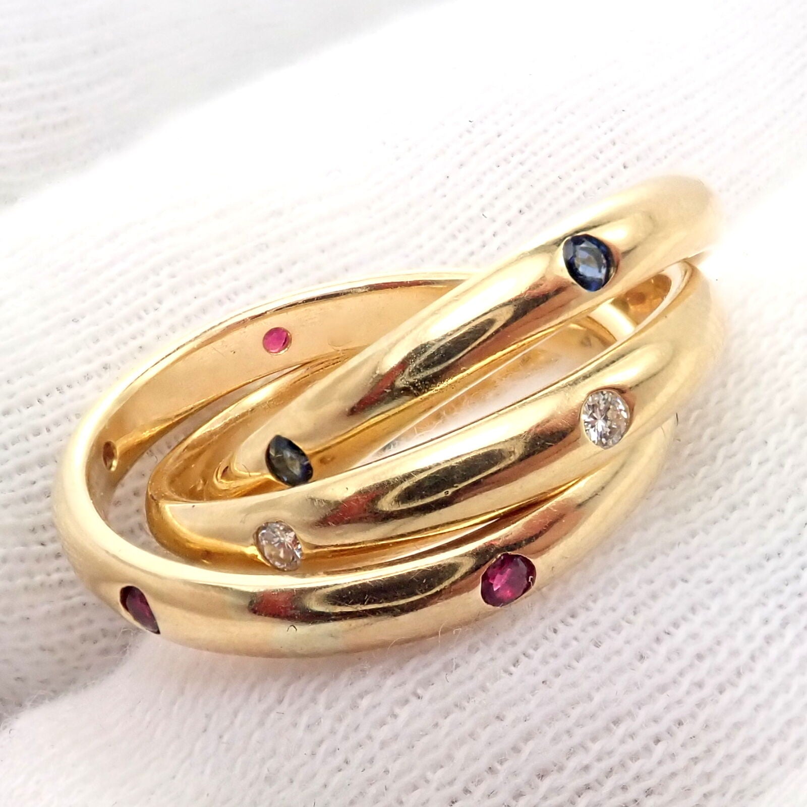 Authentic! Cartier 18k Yellow Gold Ruby Sapphire Diamond Trinity Band Ring 1995 | Fortrove