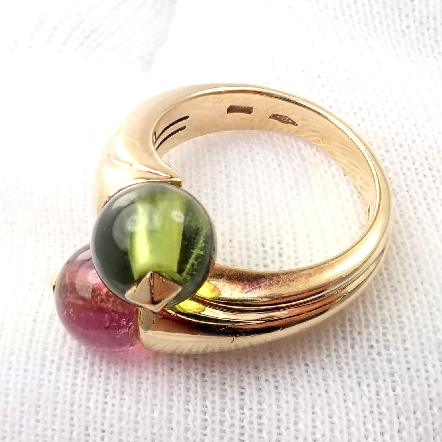 Vintage Bulgari Bvlgari 18k Yellow Gold Pink + Green Tourmaline Bypass Ring | Fortrove