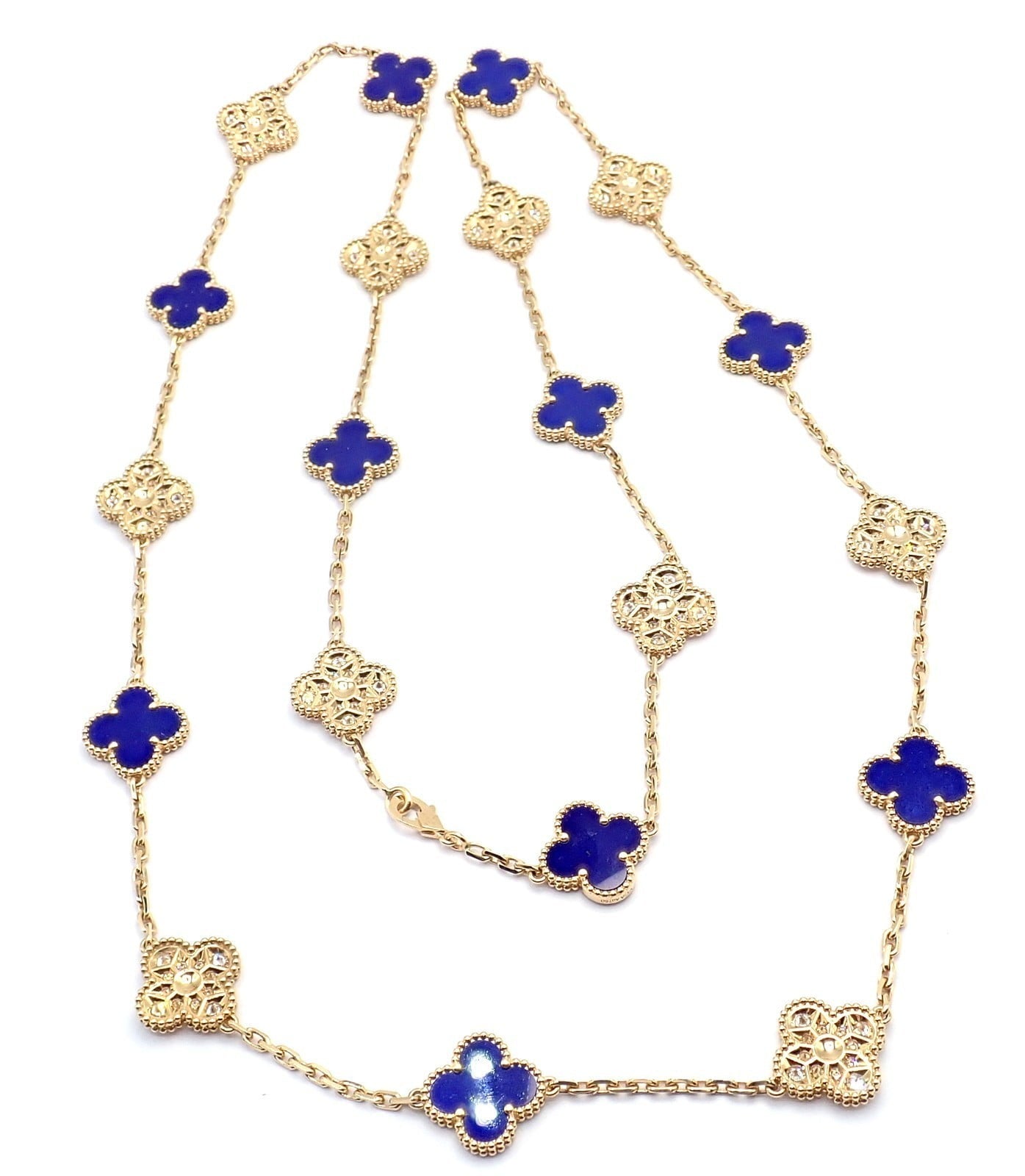 Van Cleef & Arpels Jewelry & Watches:Fine Jewelry:Necklaces & Pendants Van Cleef & Arpels 18k Yellow Gold 20 Motif Alhambra Diamond Lapis Necklace
