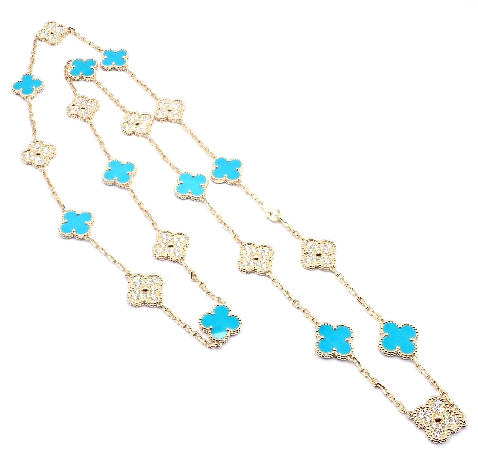 Van Cleef & Arpels 18k Yellow Gold 20 Motif Alhambra Diamond Turquoise Necklace | Fortrove