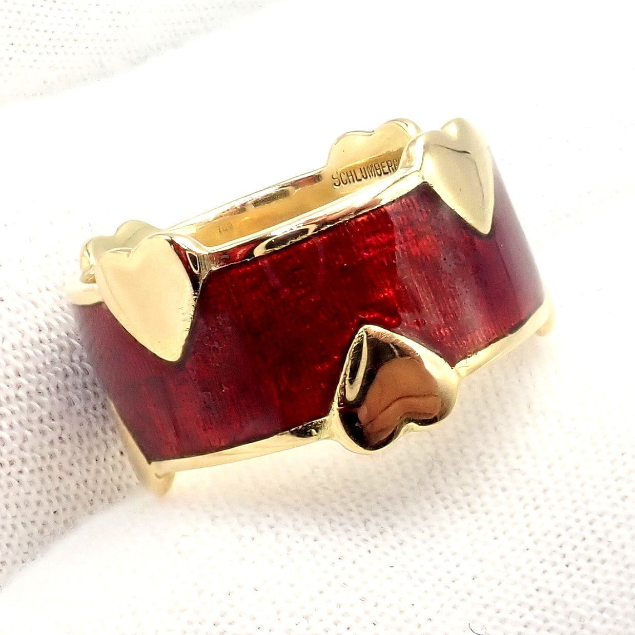 Tiffany & Co Schlumberger 18k Yellow Gold Red Enamel Heart Band Ring sz 6 | Fortrove