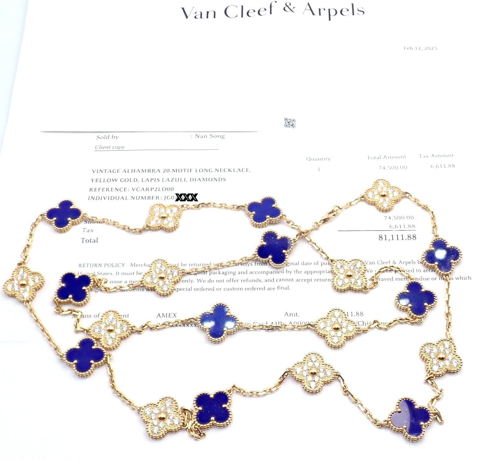 Van Cleef & Arpels Jewelry & Watches:Fine Jewelry:Necklaces & Pendants Van Cleef & Arpels 18k Yellow Gold 20 Motif Alhambra Diamond Lapis Necklace
