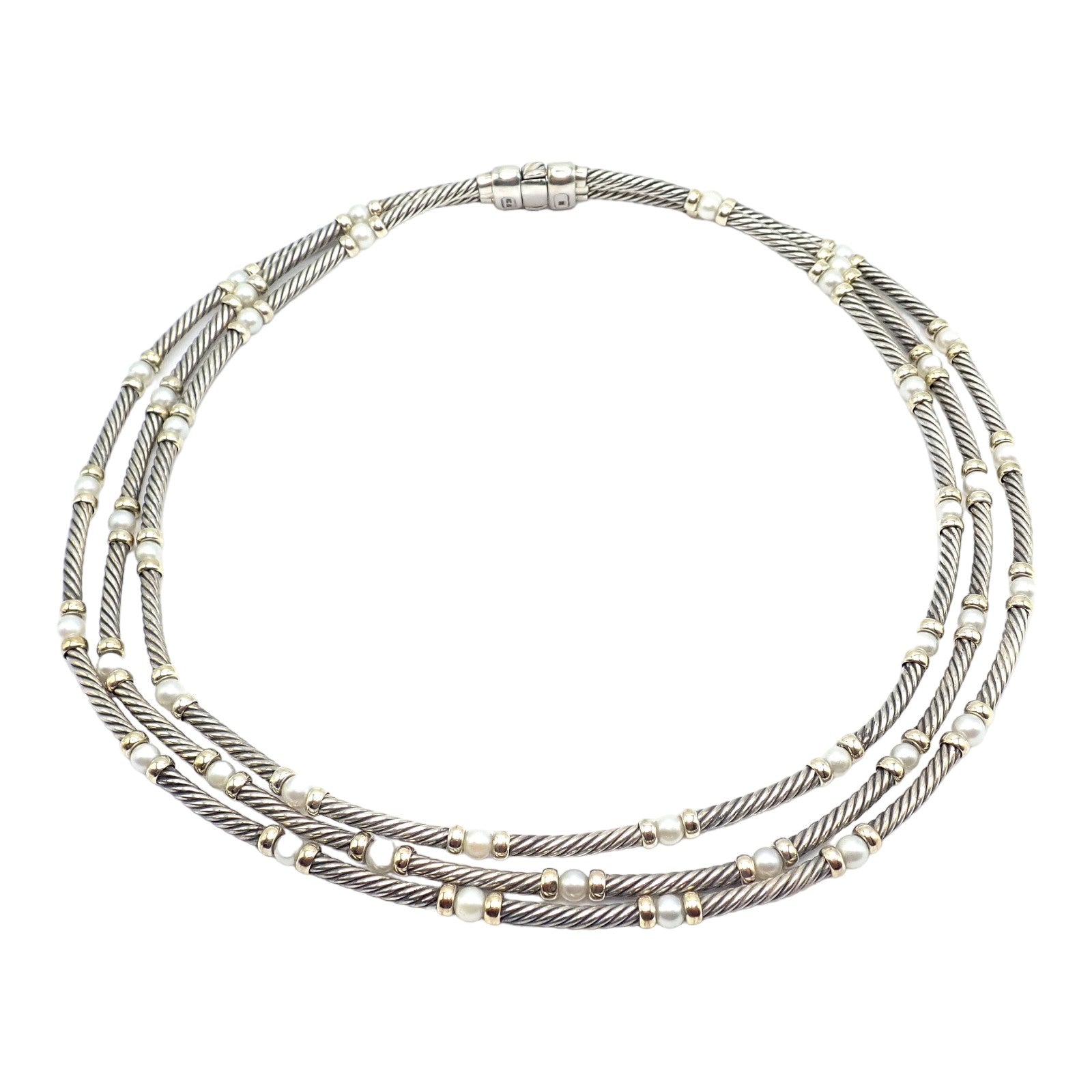 David Yurman DY Sterling Silver 14k Yellow Gold 3 Cable 3mm Pearl Necklace 15" | Fortrove