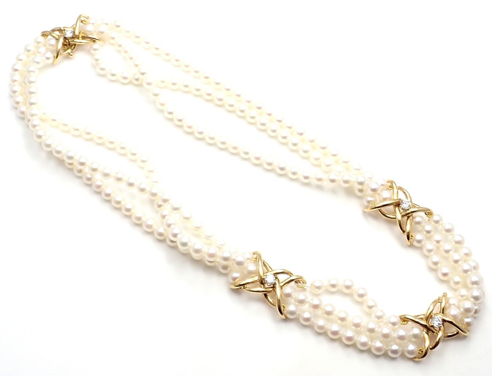 Authentic! Tiffany & Co 18k Yellow Gold Diamond 3 Strand Pearl Necklace | Fortrove