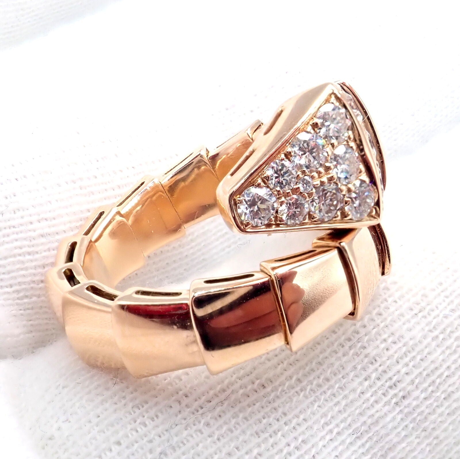 Authentic! Bulgari Bvlgari Serpenti Viper 18k Rose Gold Diamond Large Ring | Fortrove