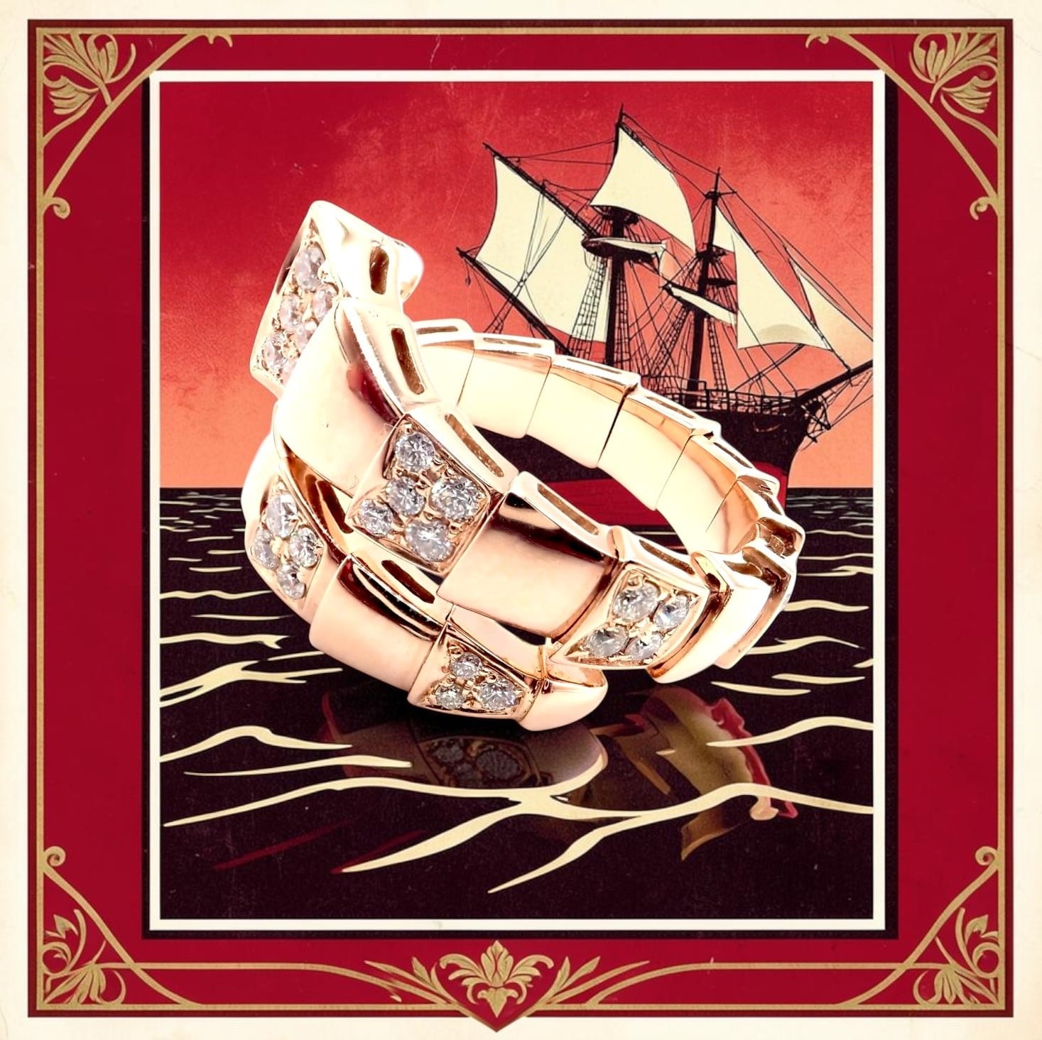 Bvlgari Jewelry & Watches:Fine Jewelry:Rings Authentic Bulgari Bvlgari Serpenti Viper 18k Rose Gold Diamond Band Ring Sz 8.75