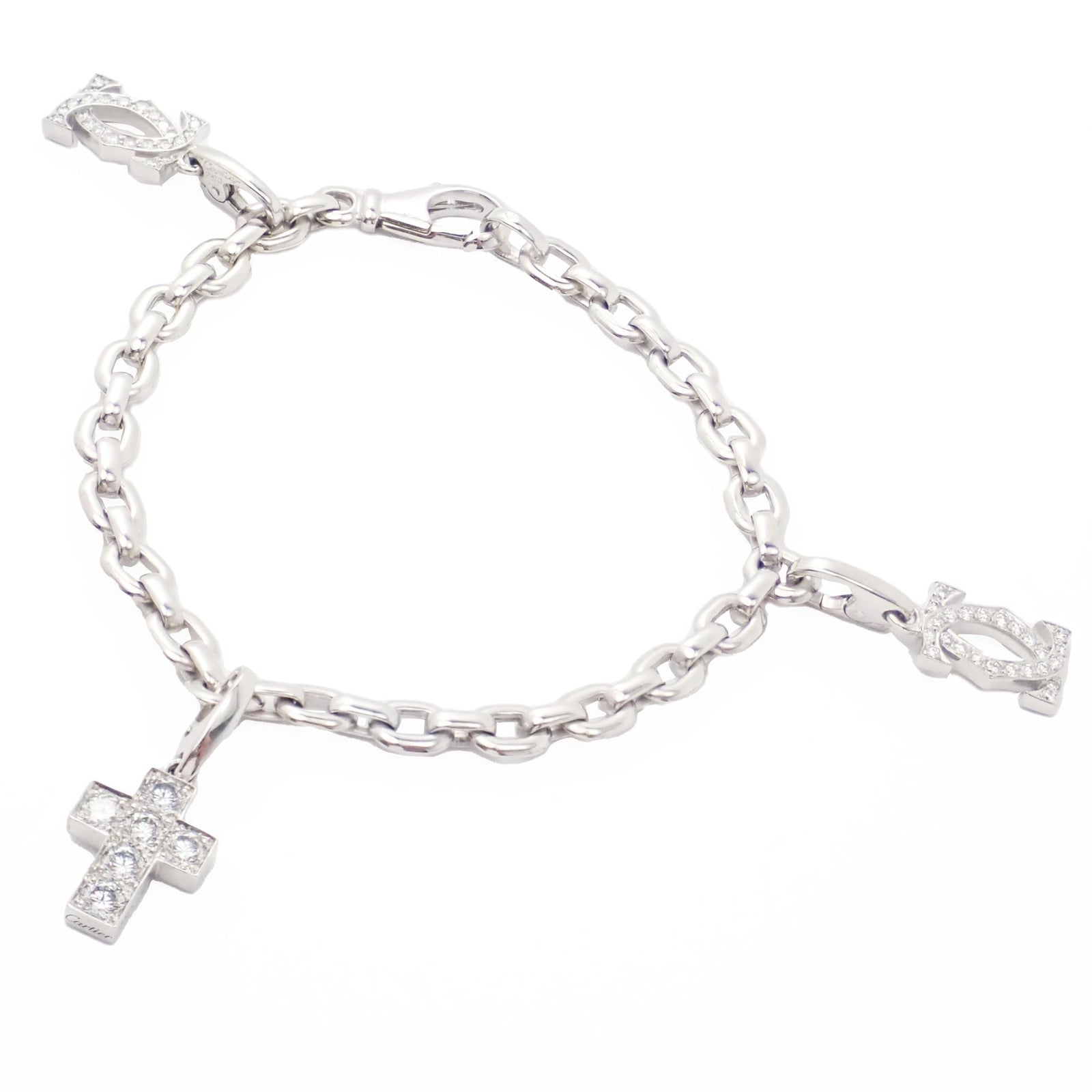 Authentic! Cartier 18k White Gold 3 Charm Bracelet with Diamond Cross Double C's | Fortrove
