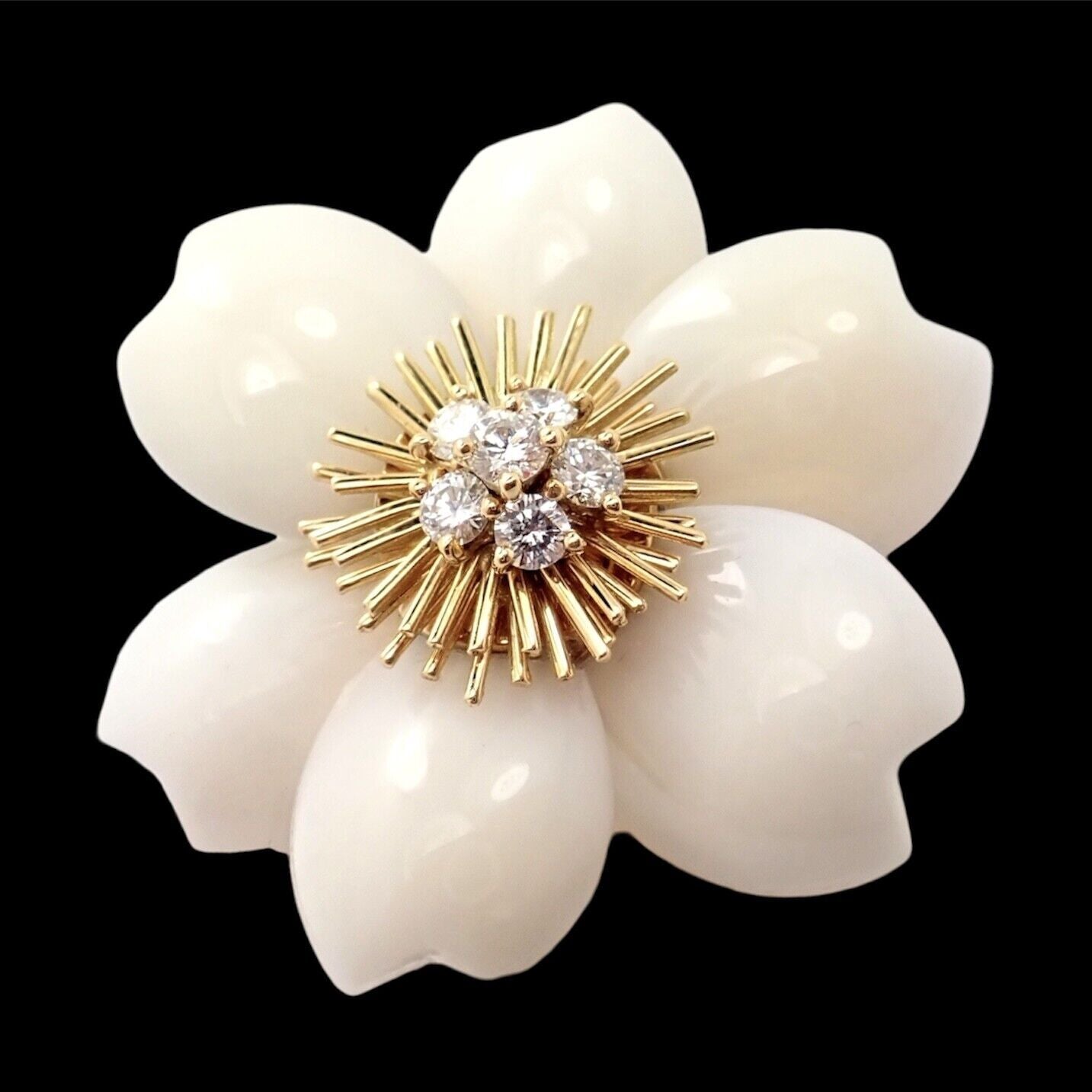 Van Cleef & Arpels Rose de Noel Diamond White Coral Flower Yellow Gold Brooch | Fortrove