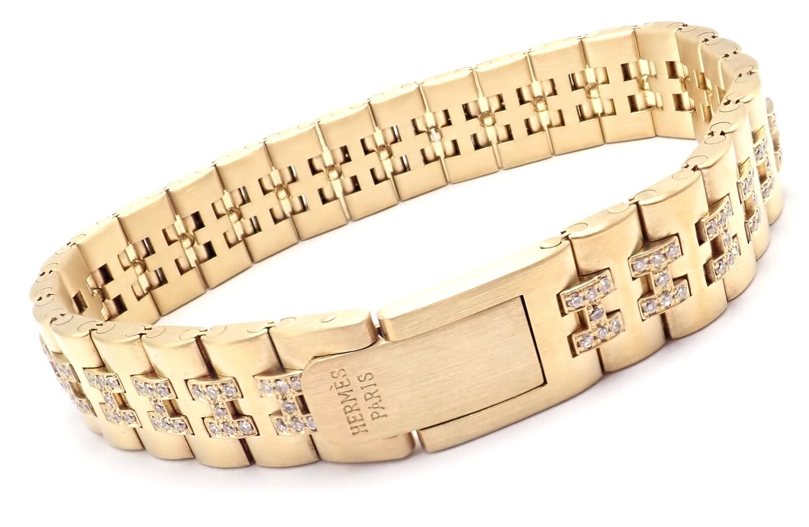 Authentic! Vintage Hermes Paris 18k Yellow Gold Diamond H Link Bracelet | Fortrove