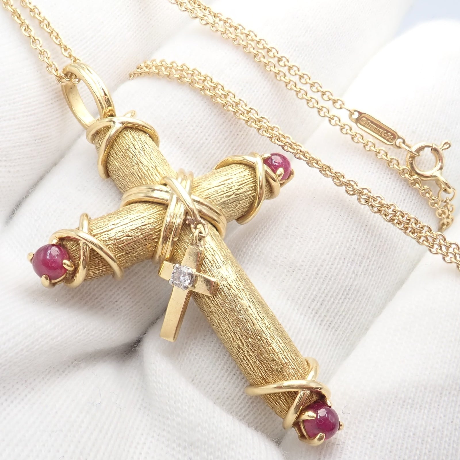 Tiffany & Co Schlumberger 18k Yellow Gold Ruby Diamond Cross 24" Chain Necklace | Fortrove