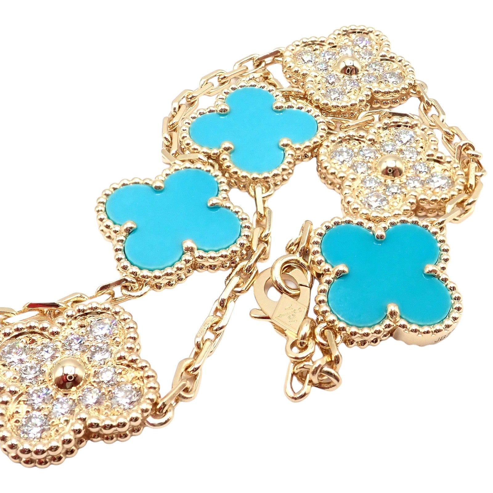 Van Cleef & Arpels 18k Yellow Gold 20 Motif Alhambra Diamond Turquoise Necklace | Fortrove