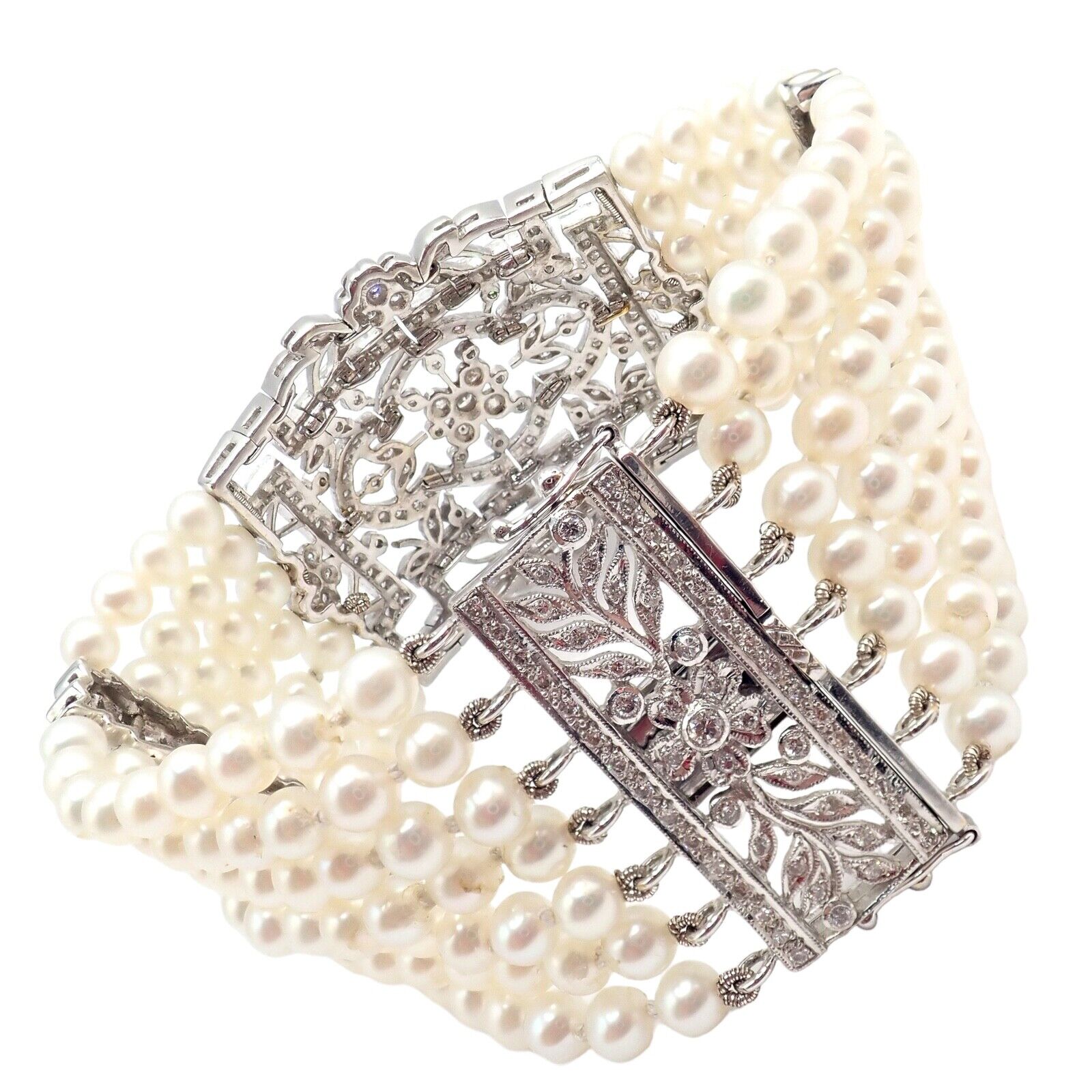 Vintage Estate 18k White Gold Diamond 7 Row 4.5mm Pearl Bracelet | Fortrove