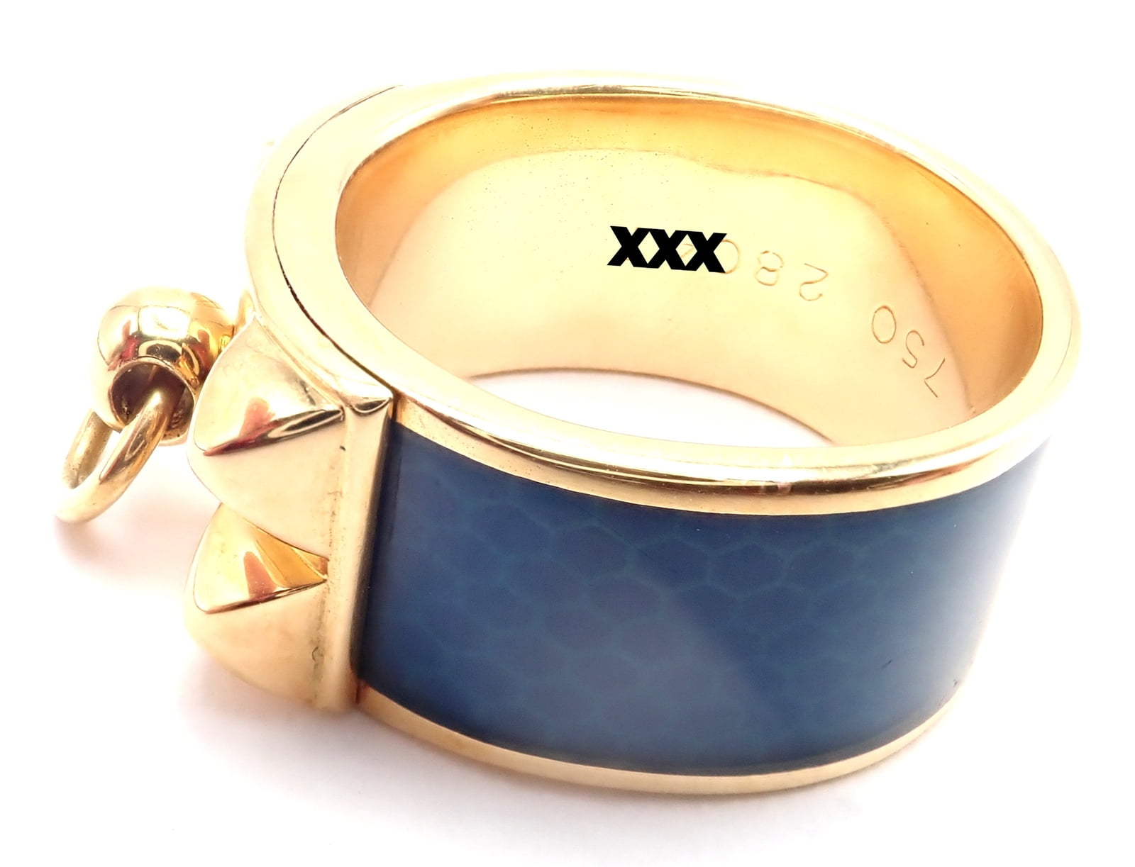 Authentic! Hermes Collier de Chien 18K Yellow Gold Blue Enamel Band Ri