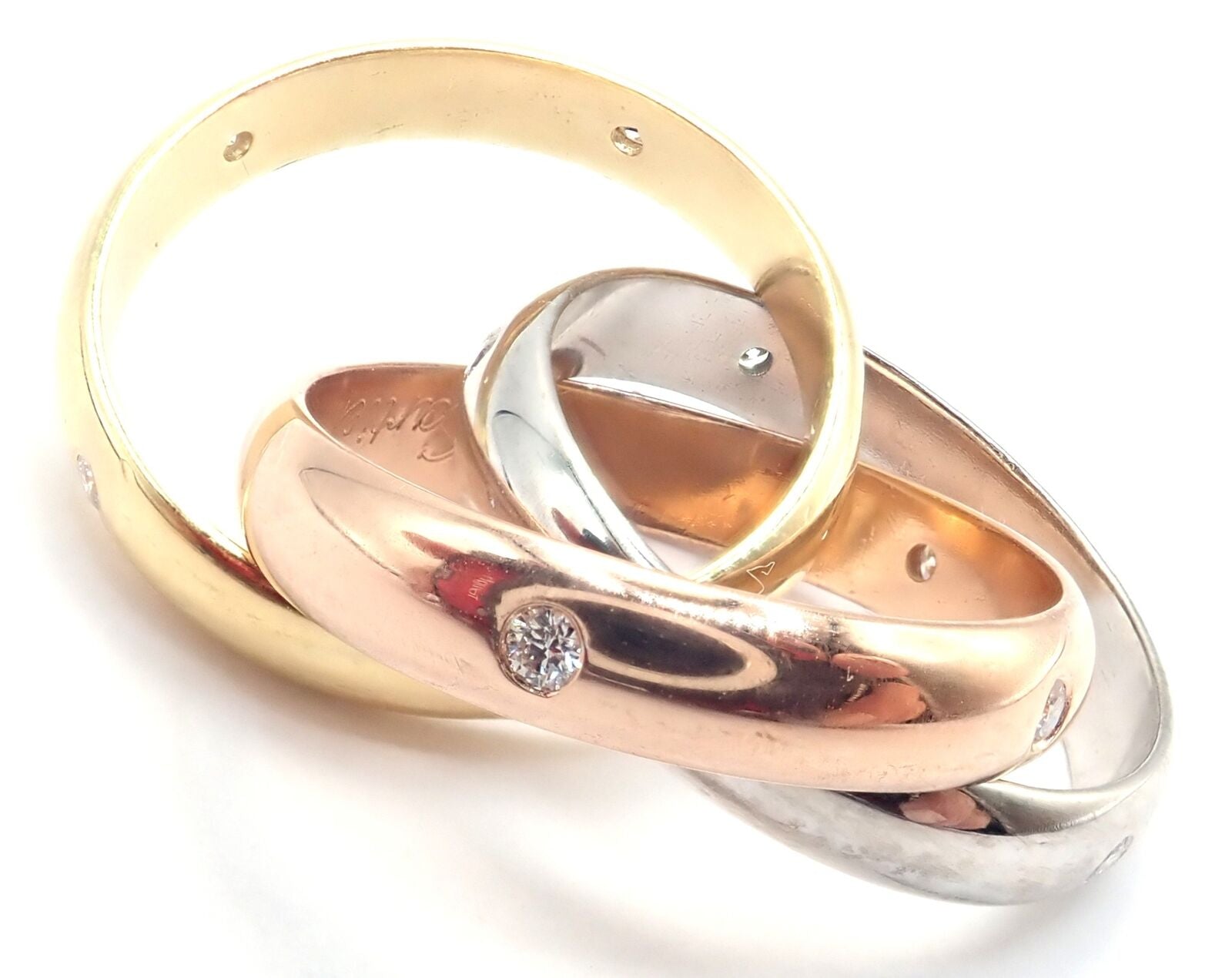 Authentic! Cartier 18k Tri-Color Gold Diamond Trinity Band Ring Size 5.75 Cert. | Fortrove