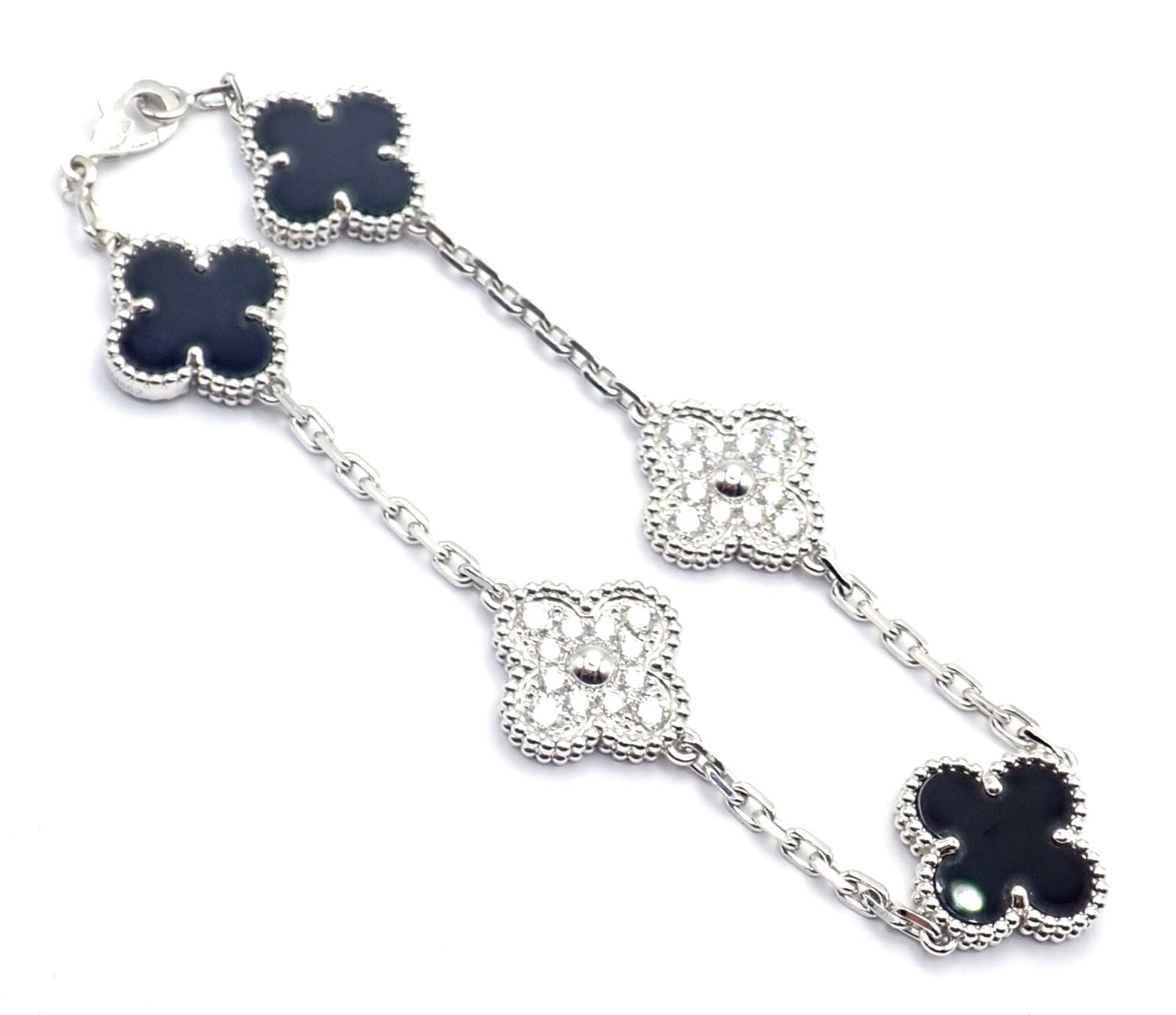 Van Cleef & Arpels Jewelry & Watches:Fine Jewelry:Bracelets & Charms Van Cleef & Arpels 18k White Gold 5 Motif Alhambra Diamond Black Onyx Bracelet