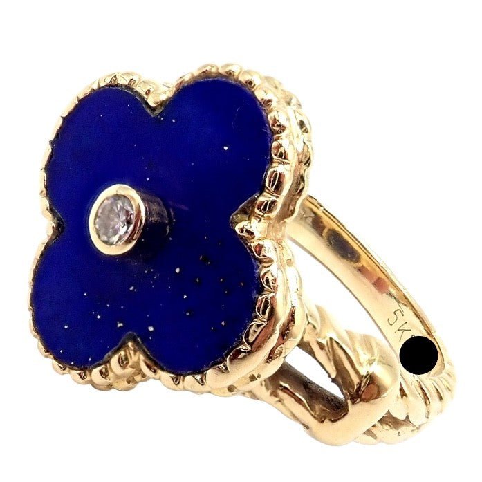 Van Cleef & Arpels Alhambra 18k Yellow Gold Lapis Lazuli Diamond Ring Sz 4 | Fortrove