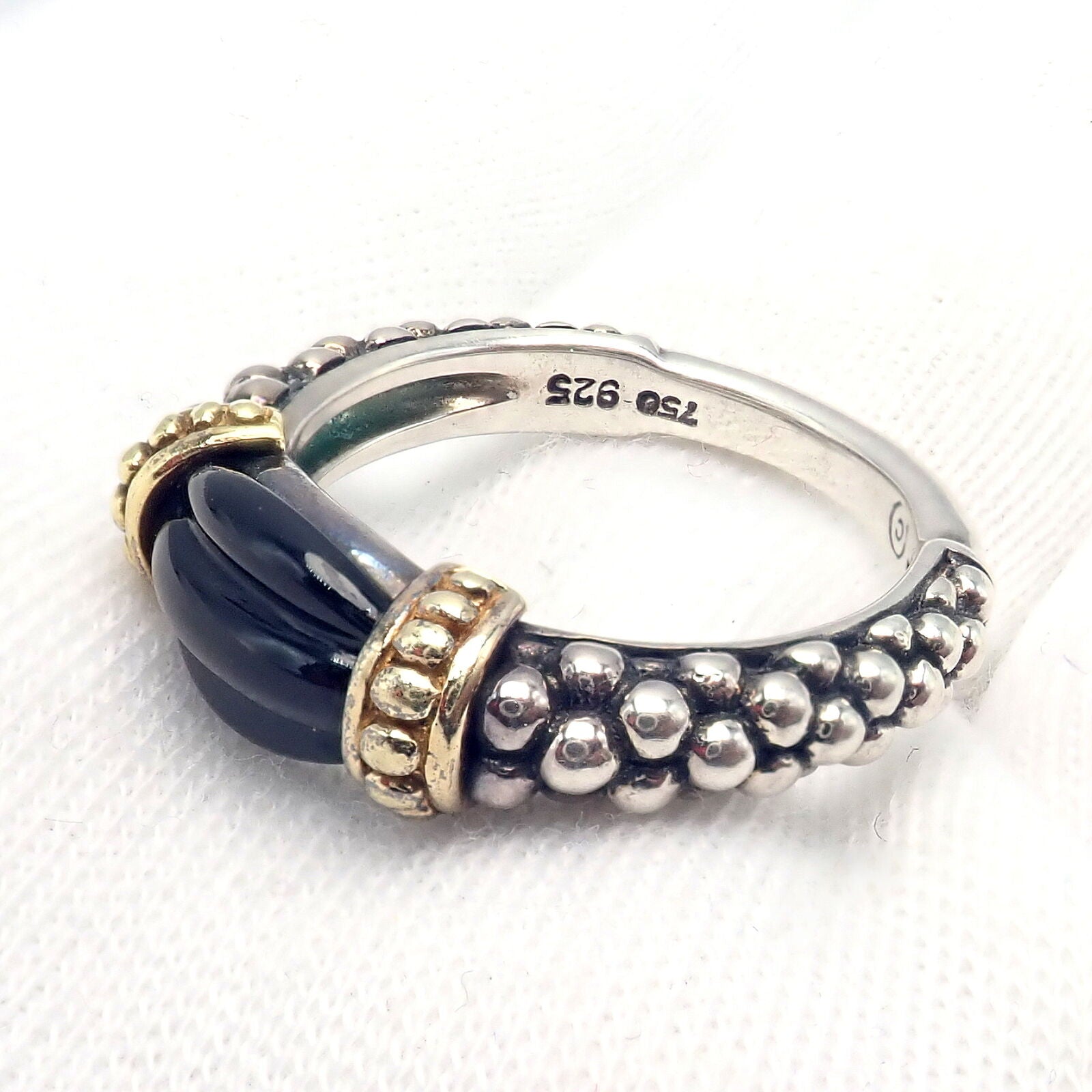 LAGOS リング CAVIAR 10-11号 925 750 K18 Authentic! Lagos Caviar Silver + 18k Yellow Gold Onyx Ring sz 5.5