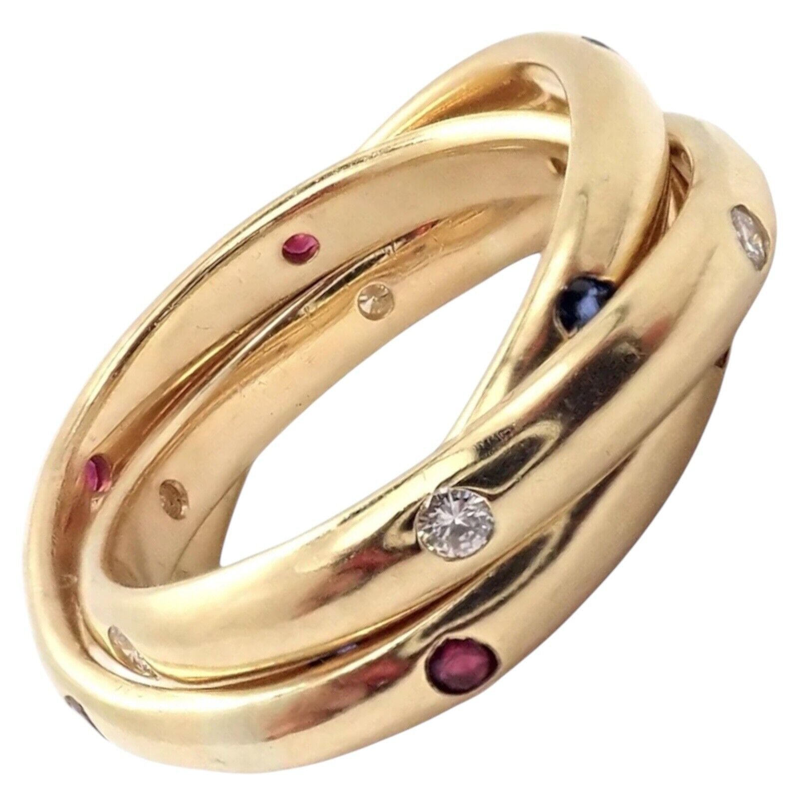 Authentic! Cartier 18k Yellow Gold Ruby Sapphire Diamond Trinity Band Ring 1995 | Fortrove