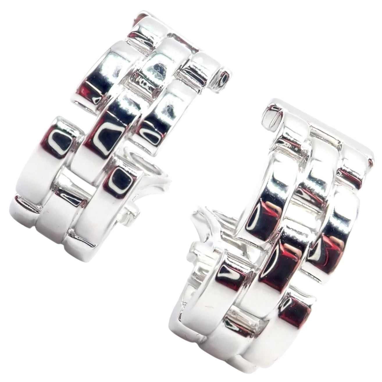 Authentic! Cartier Maillon Panthere 18K White Gold Three Row Link Hoop Earrings | Fortrove
