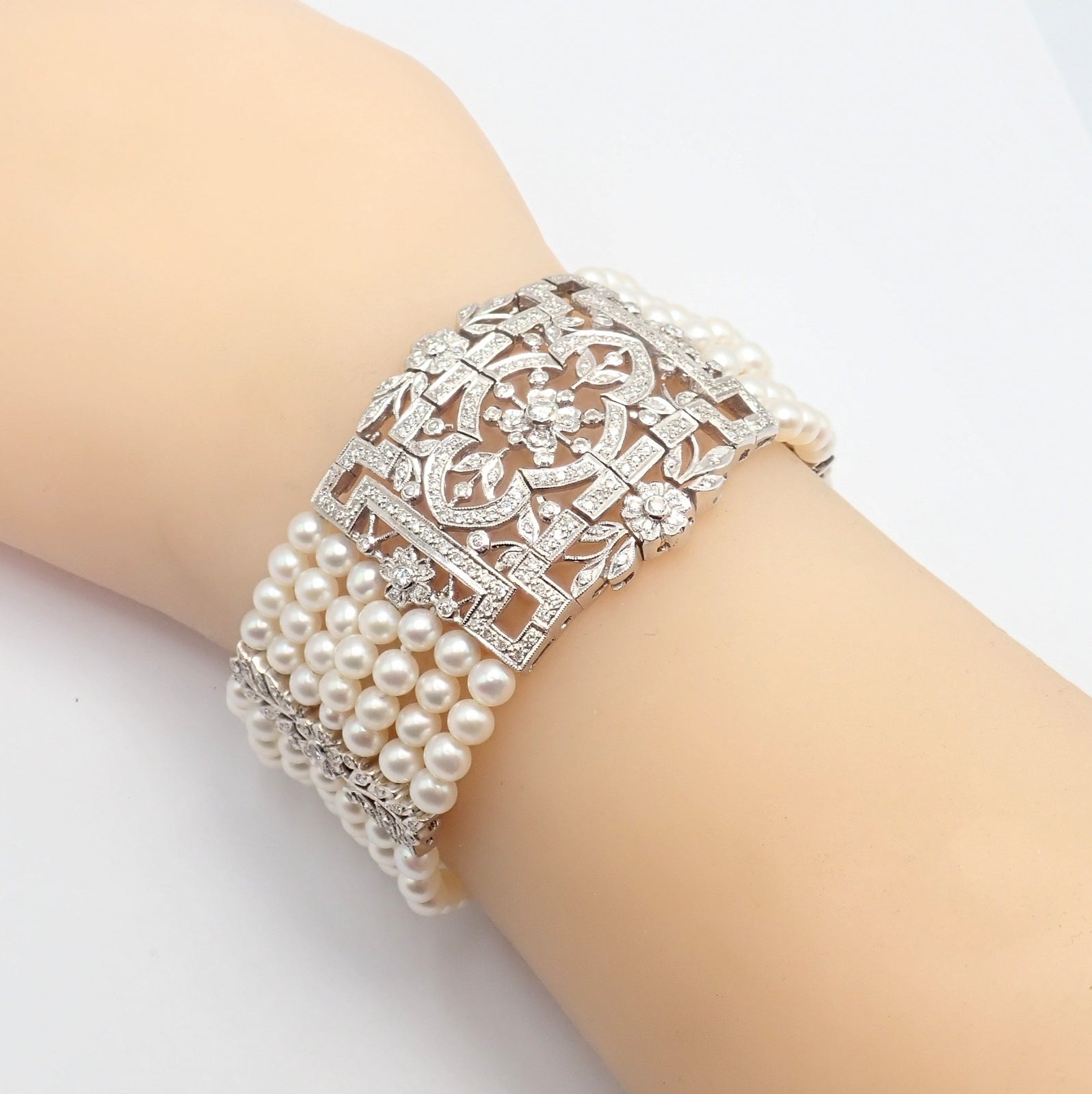 Estate Jewelry & Watches:Vintage & Antique Jewelry:Bracelets & Charms Vintage Estate 18k White Gold Diamond 7 Row 4.5mm Pearl Bracelet