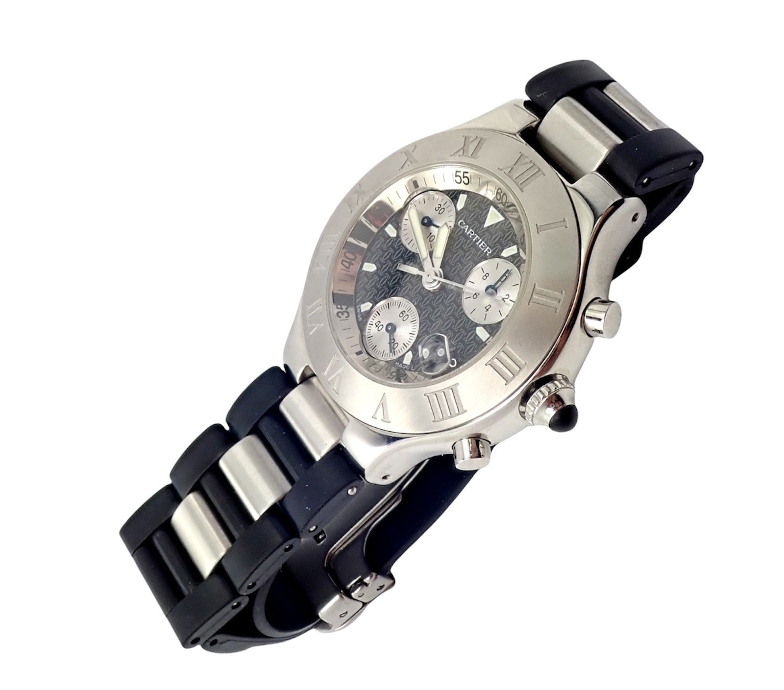 Authentic! Cartier Stainless Steel Chronograph 21 Quartz Rubber Band Watch | Fortrove