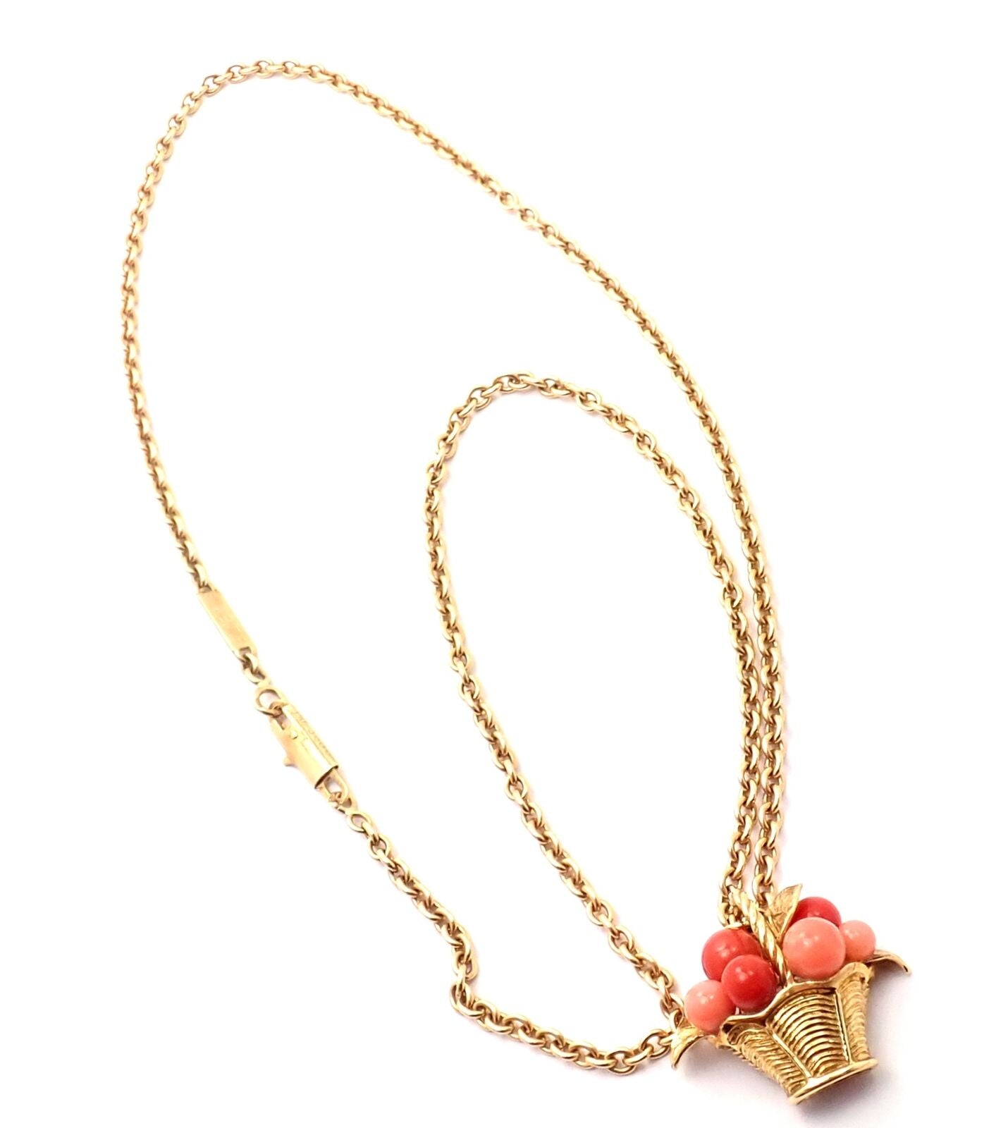 Authentic Van Cleef & Arpels 18k Gold Coral Bead Fruit Basket Pendant Necklace | Fortrove