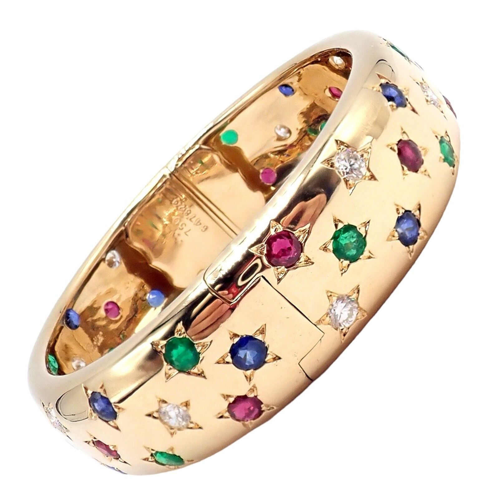 Cartier Star 18k Yellow Gold Diamond Ruby Emerald Sapphire Bangle Bracelet Cert. | Fortrove