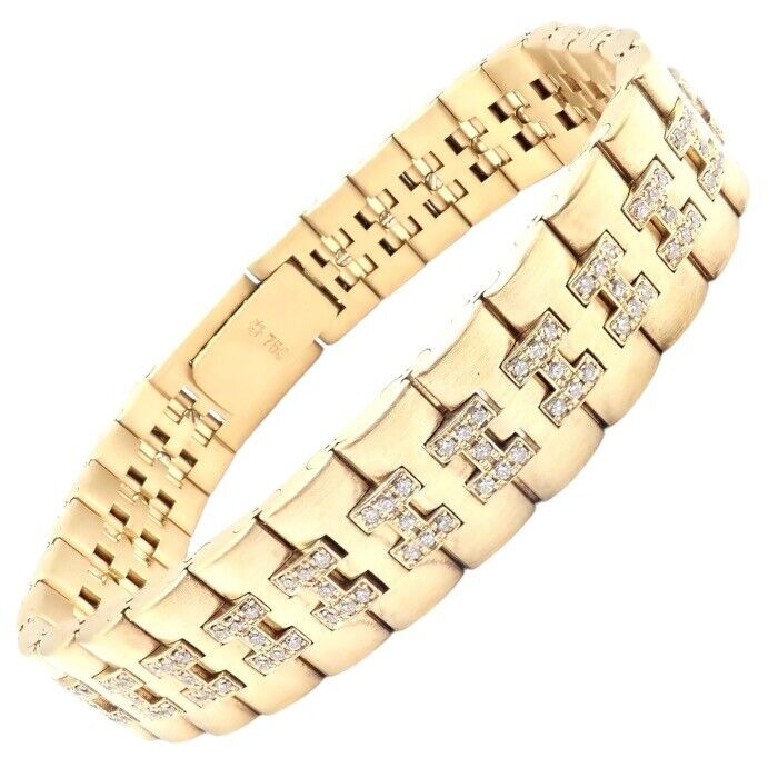 Authentic! Vintage Hermes Paris 18k Yellow Gold Diamond H Link Bracelet | Fortrove