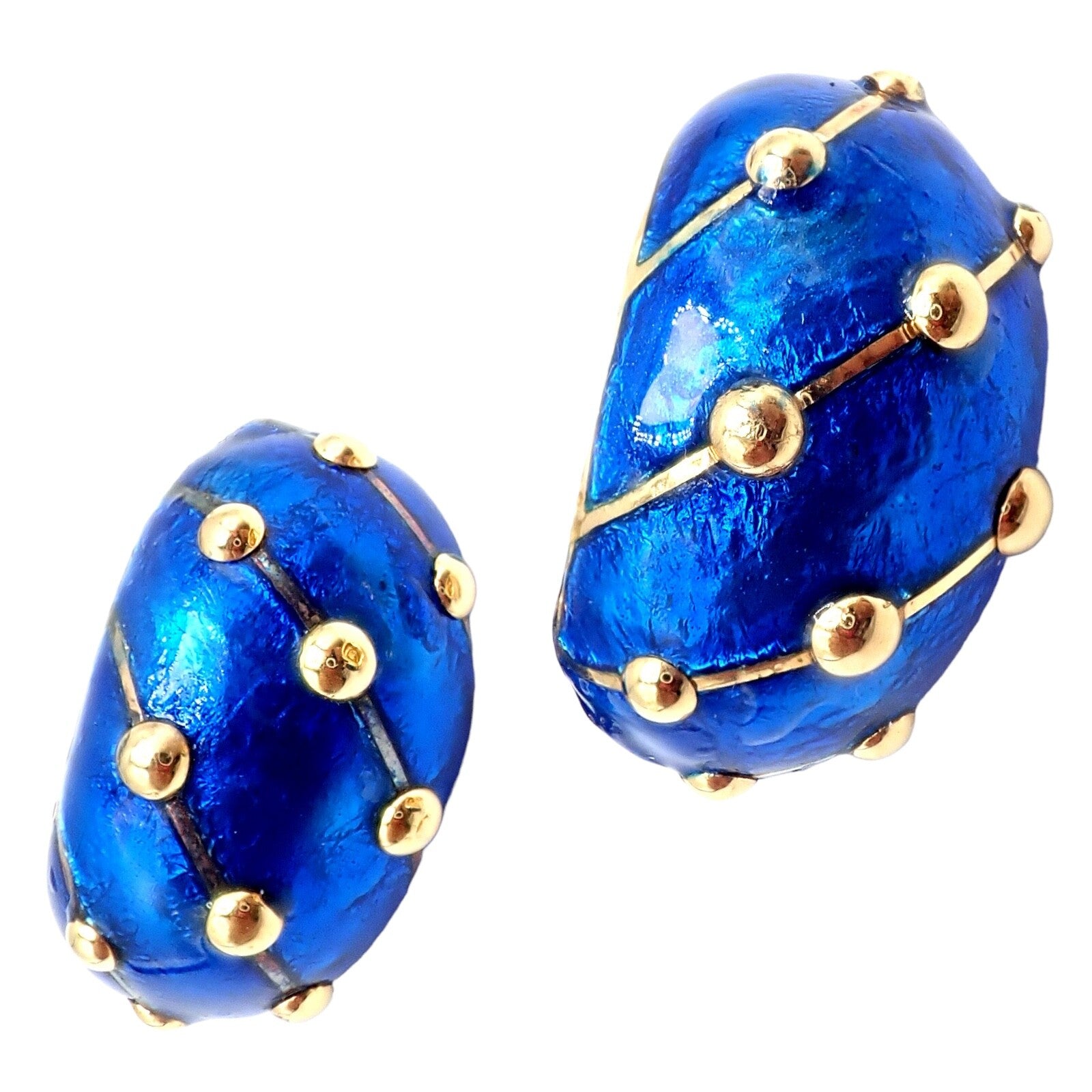 Rare Tiffany & Co Schlumberger 18k Yellow Gold Large Blue Enamel Banana Earrings | Fortrove