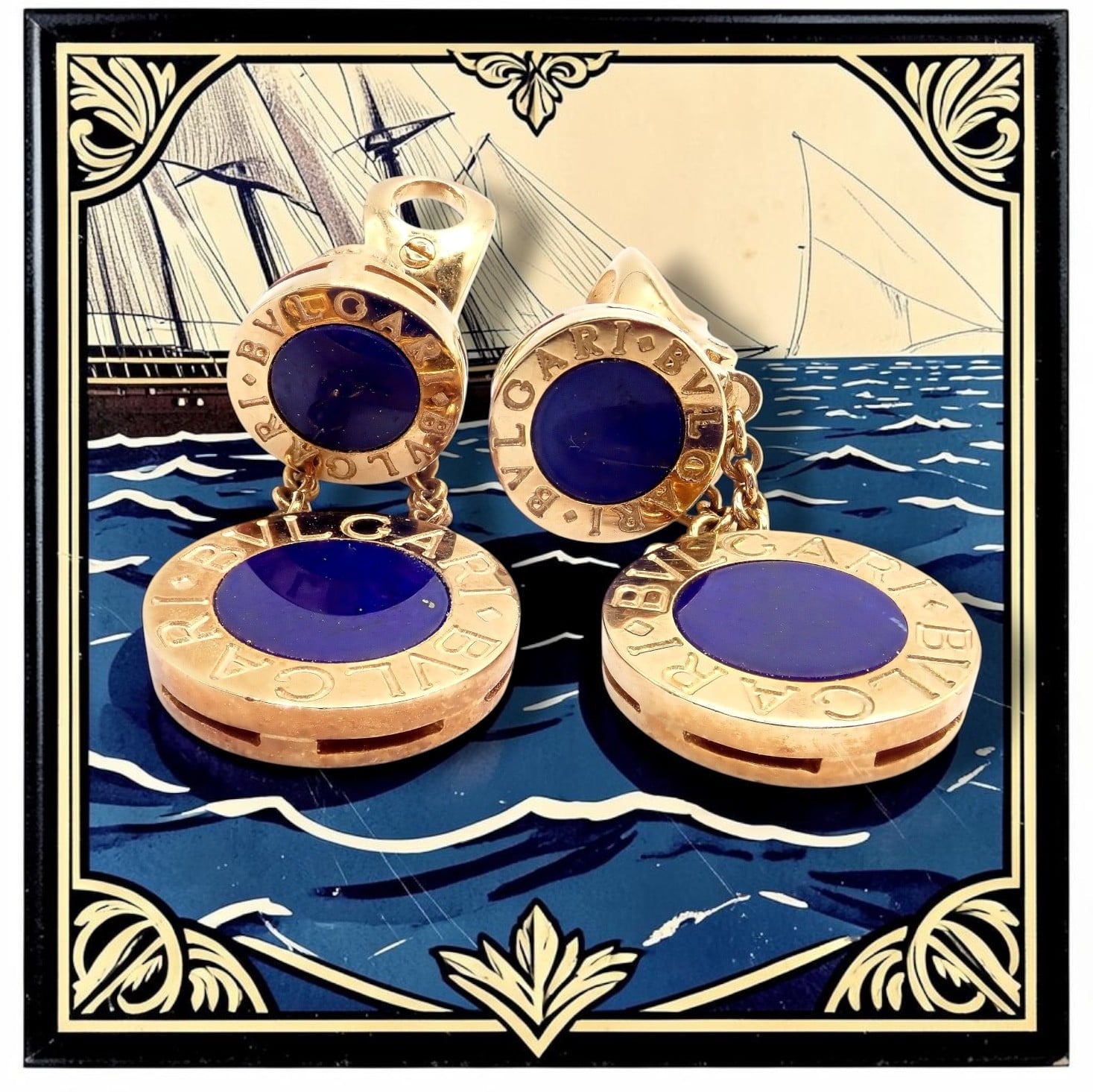 Bulgari Jewelry & Watches:Fine Jewelry:Earrings Rare! Authentic Bvlgari Bulgari 18k Yellow Gold Lapis Disc Double Logo Earrings