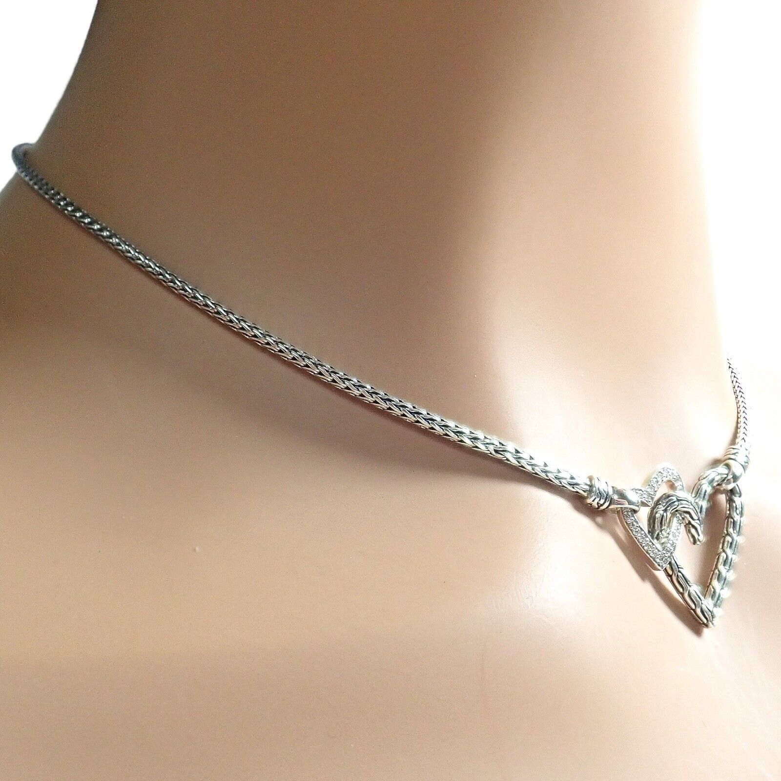 Authentic! John Hardy JH Silver Diamond Double Heart Manah Necklace | Fortrove