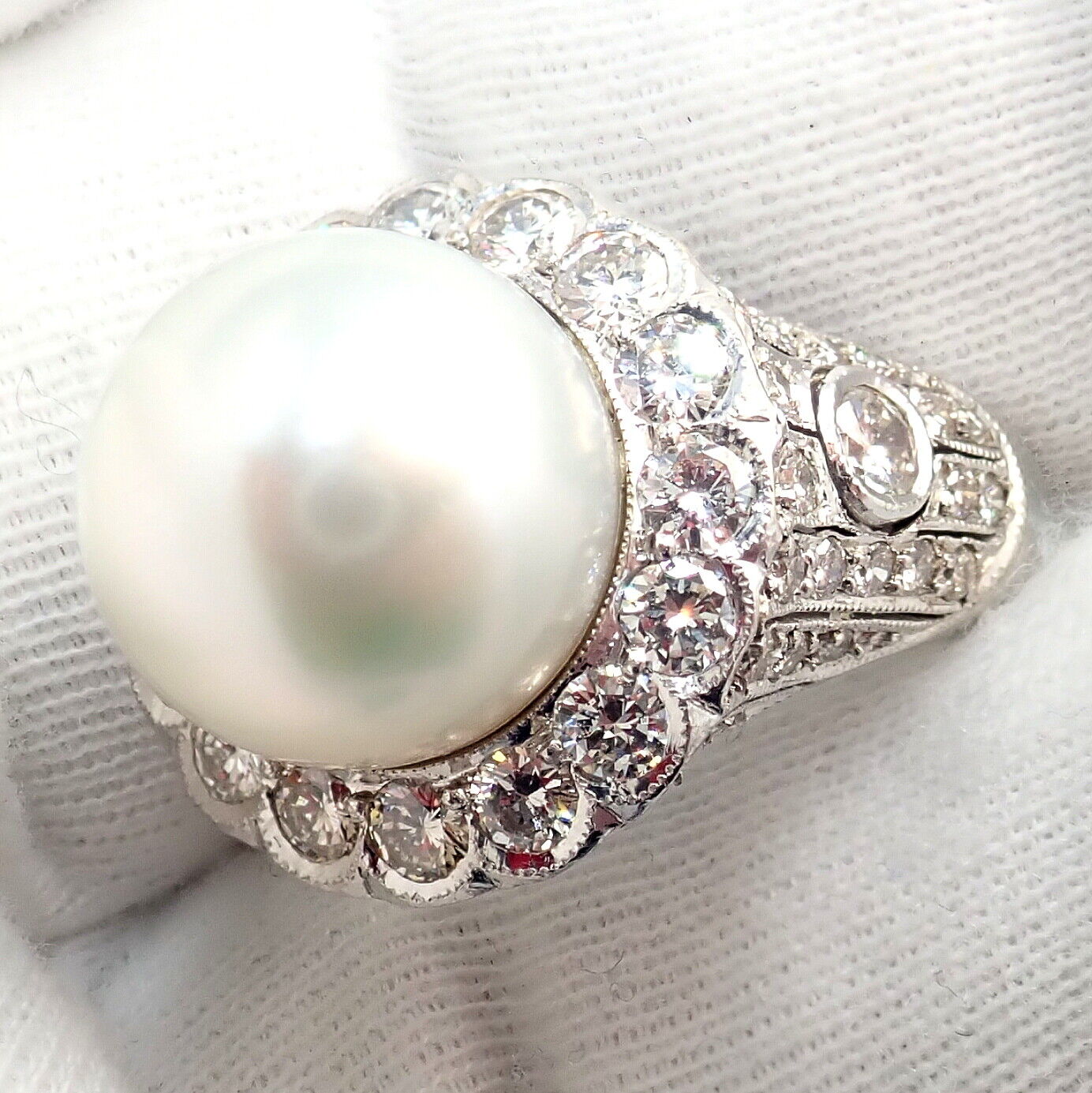 Estate Jewelry & Watches:Vintage & Antique Jewelry:Rings Vintage Estate 18k White Gold Diamond 12.5mm Pearl Cocktail Ring