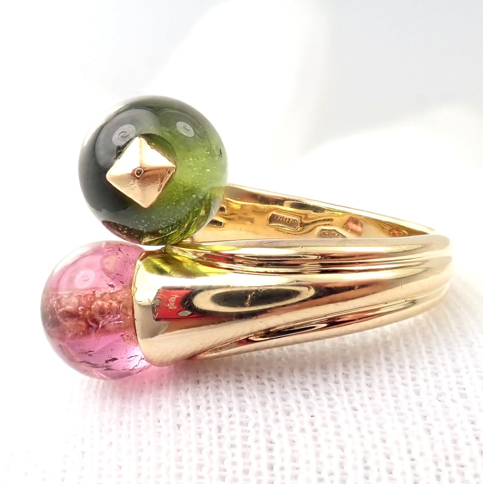 Vintage Bulgari Bvlgari 18k Yellow Gold Pink + Green Tourmaline Bypass Ring | Fortrove