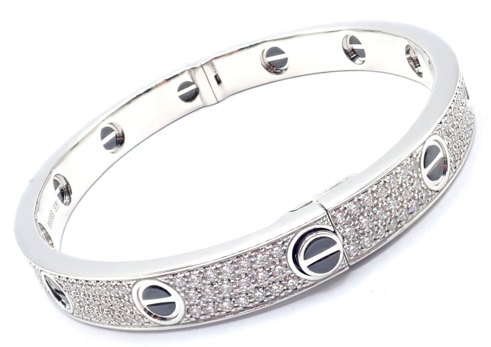 Authentic! Cartier Love 18k White Gold Diamond Pave Ceramic Bracelet Sz 18 Paper | Fortrove